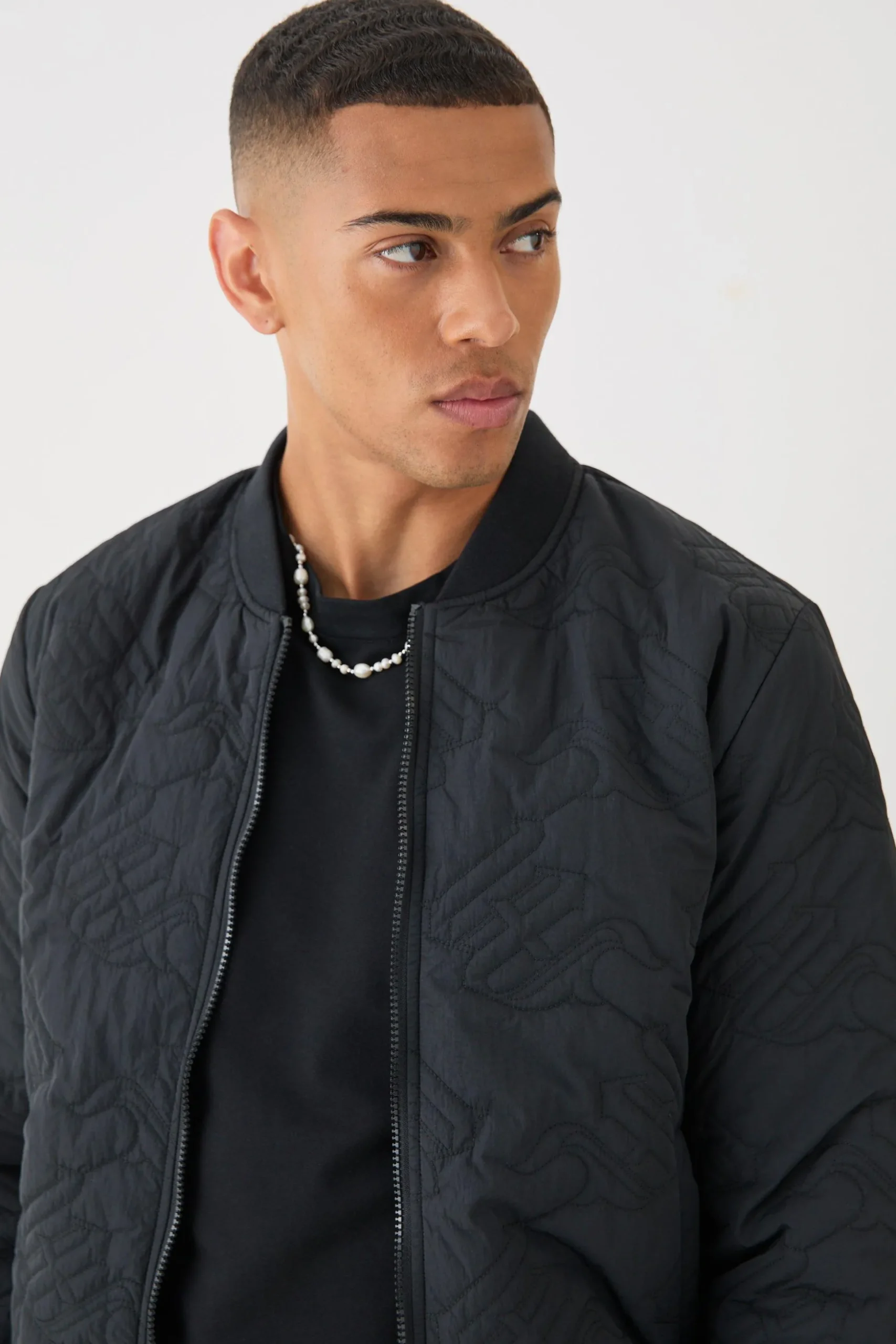 Gothic M Quilted Bomber Jacket In Black | BoohooMAN UK