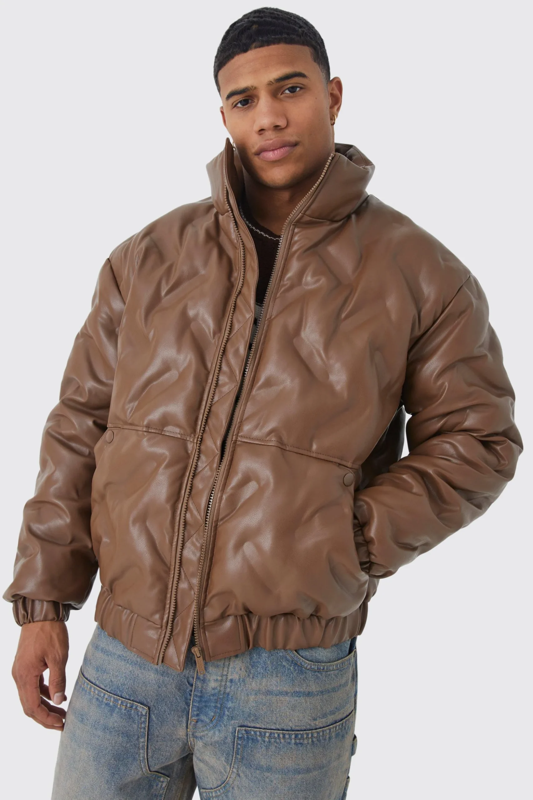 Heat Seal Pu Funnel Neck Puffer | BoohooMAN UK