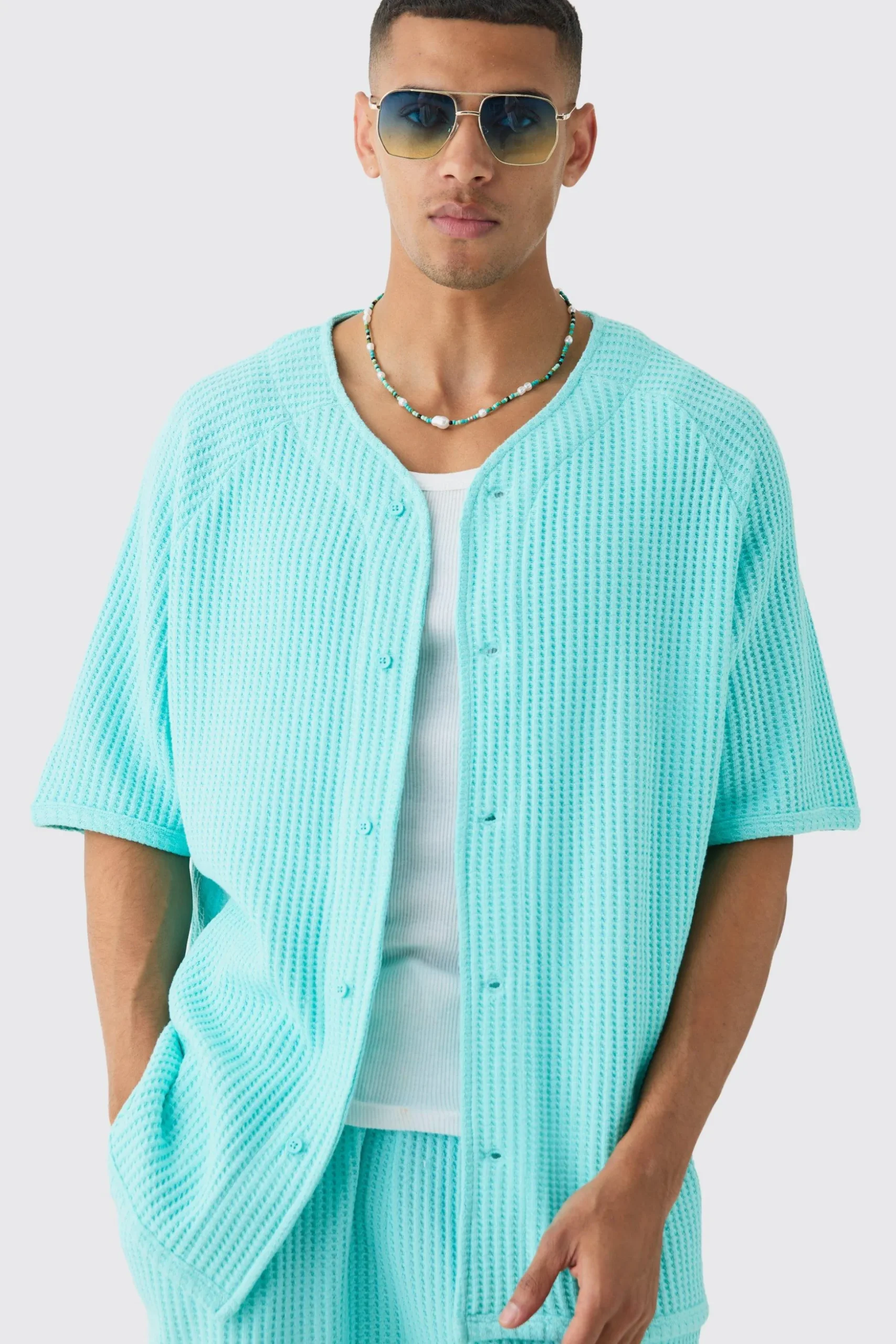 Heavy Jumbo Waffle Baseball Shirt & Short Set | BoohooMAN UK