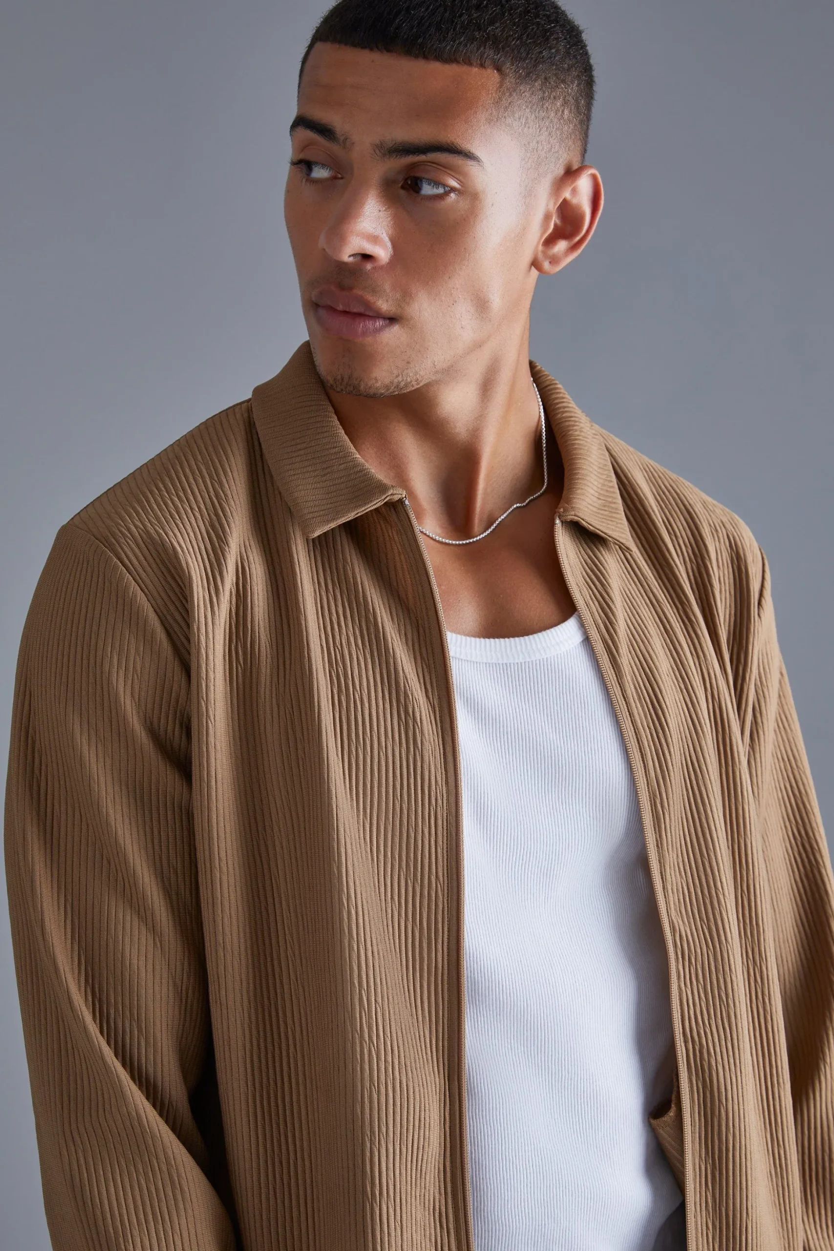 Heavy Ottoman Zip Through Overshirt | BoohooMAN UK