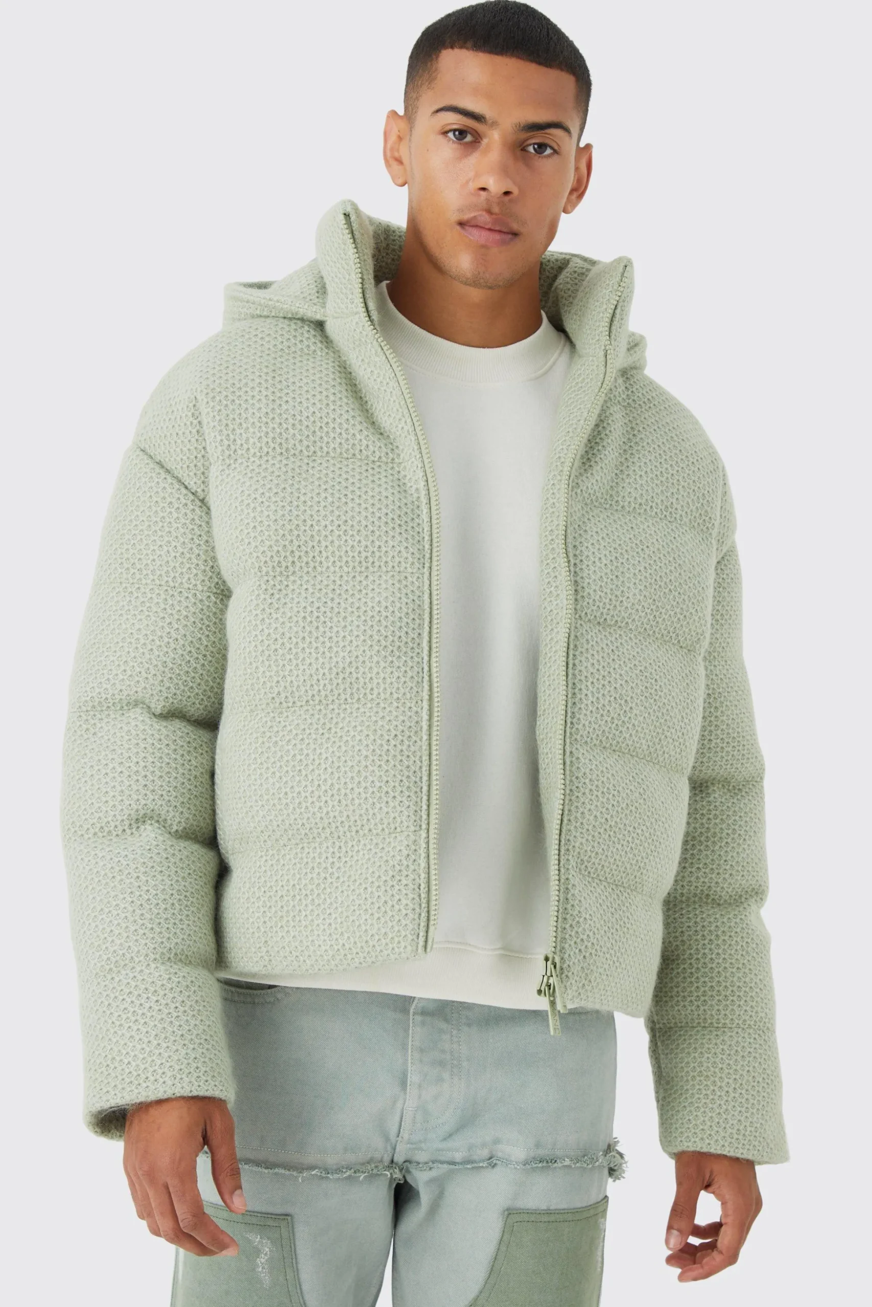 Heavyweight Brushed Knit Quilted Puffer With Hood | BoohooMAN UK