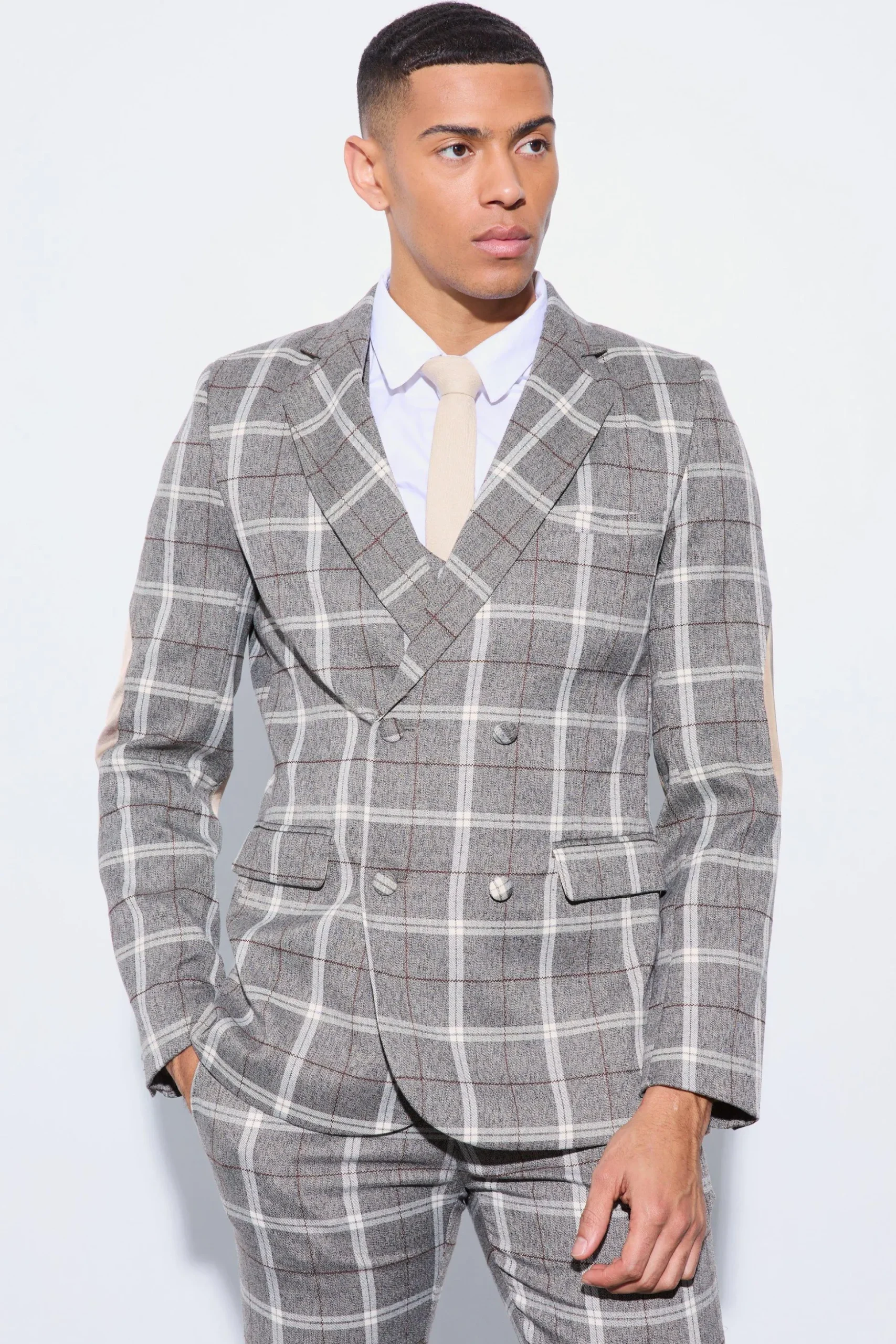 Herringbone Check Contrast Sleeve Panel Fitted Suit | BoohooMAN UK