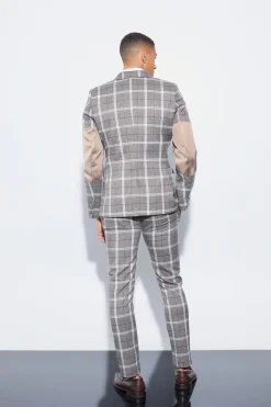 Herringbone Check Contrast Sleeve Panel Fitted Suit | BoohooMAN UK