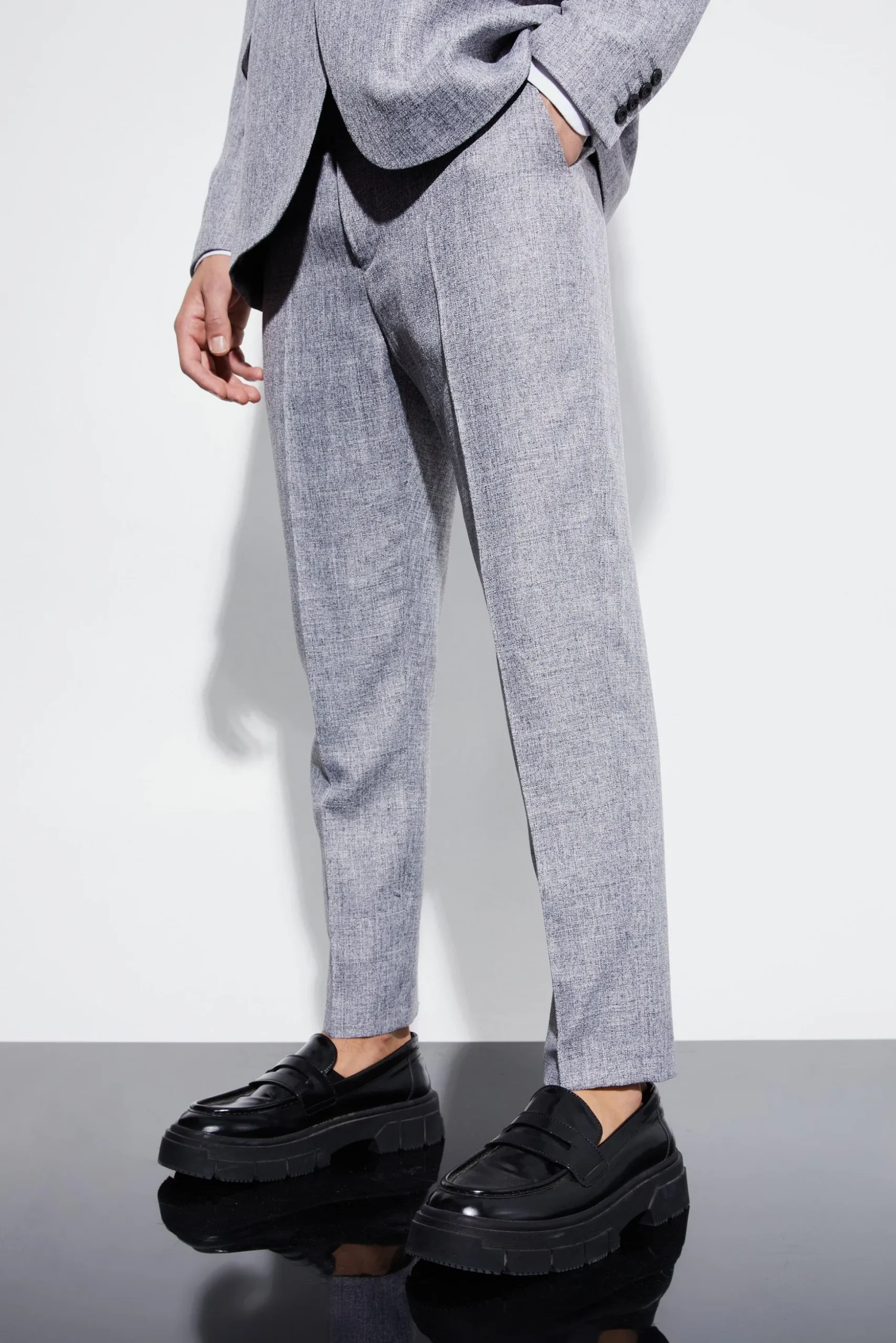 High Rise Tapered Textured Marl Trousers | BoohooMAN UK