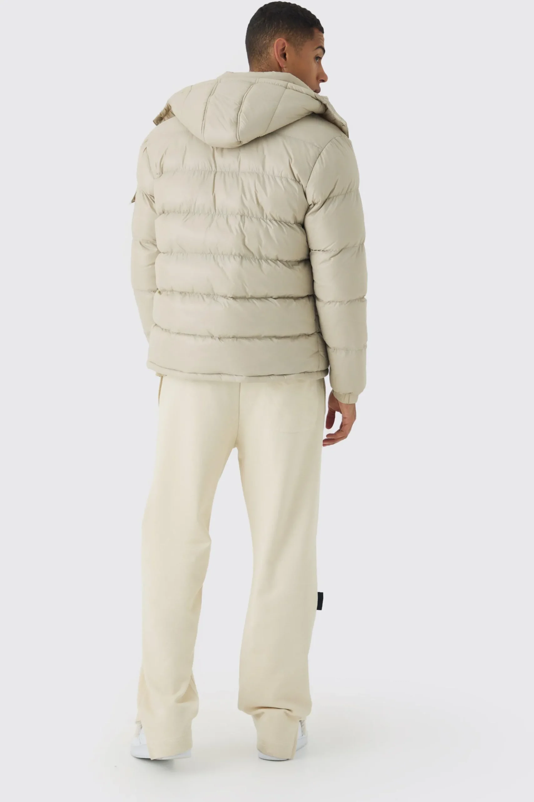 High Shine Padded Puffer Jacket In Stone | BoohooMAN UK