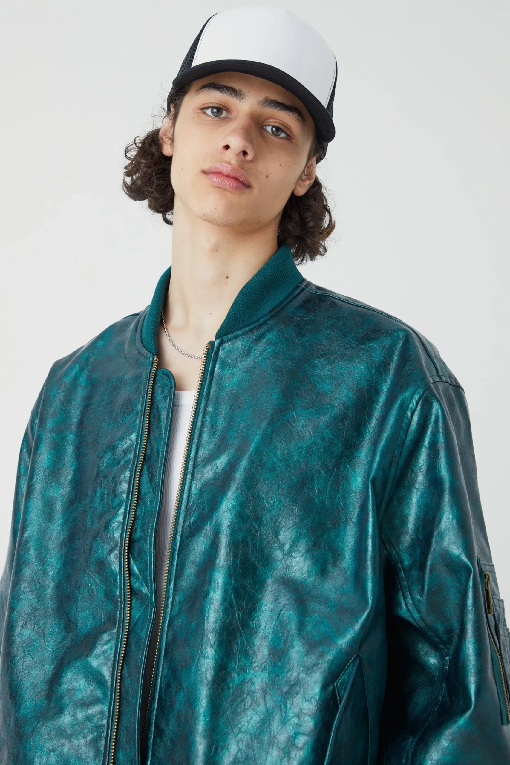 High Shine Pu Bomber With Embroidery | BoohooMAN UK