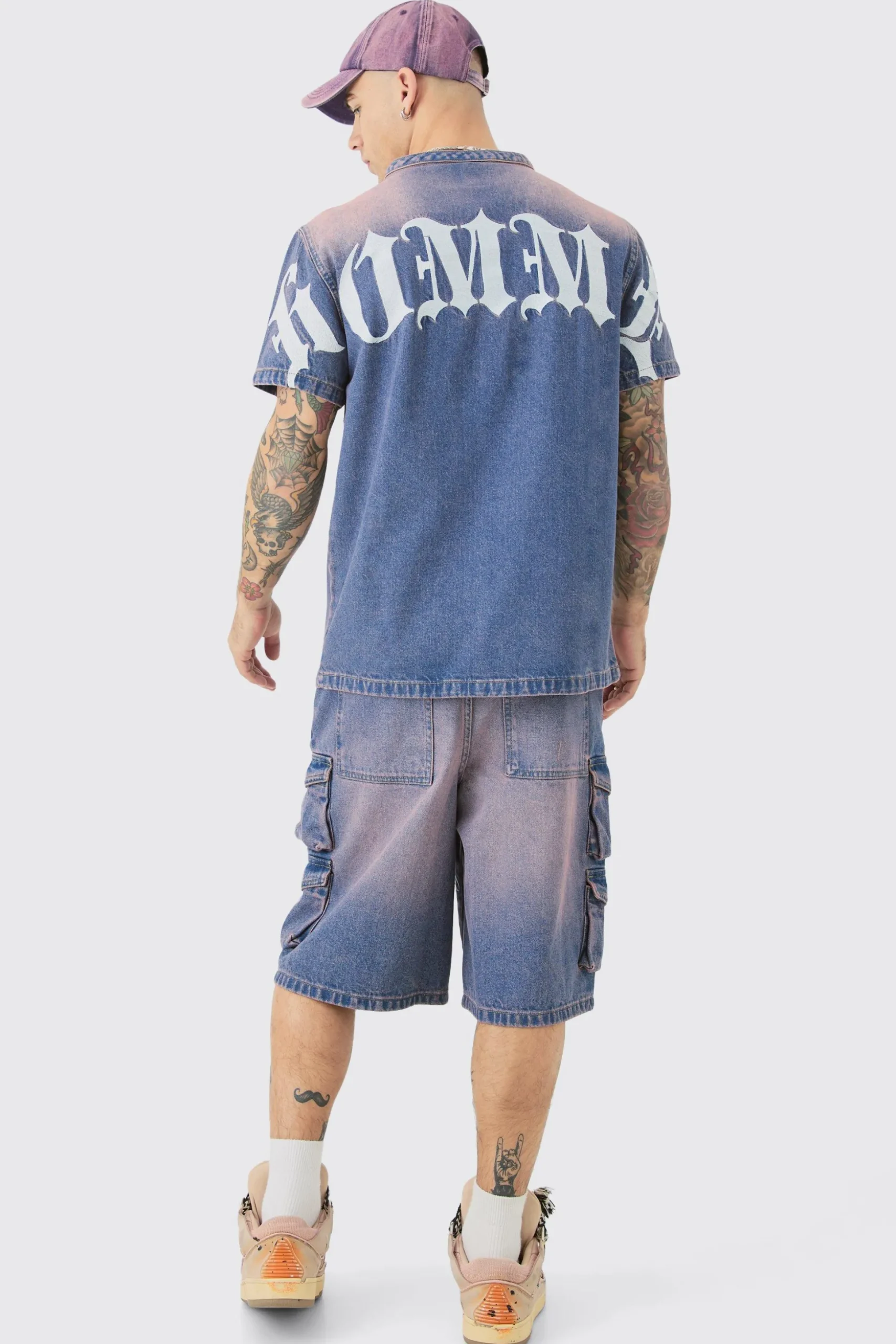 Homme Embroidered Short Sleeve Denim T-Shirt In Pink | BoohooMAN UK