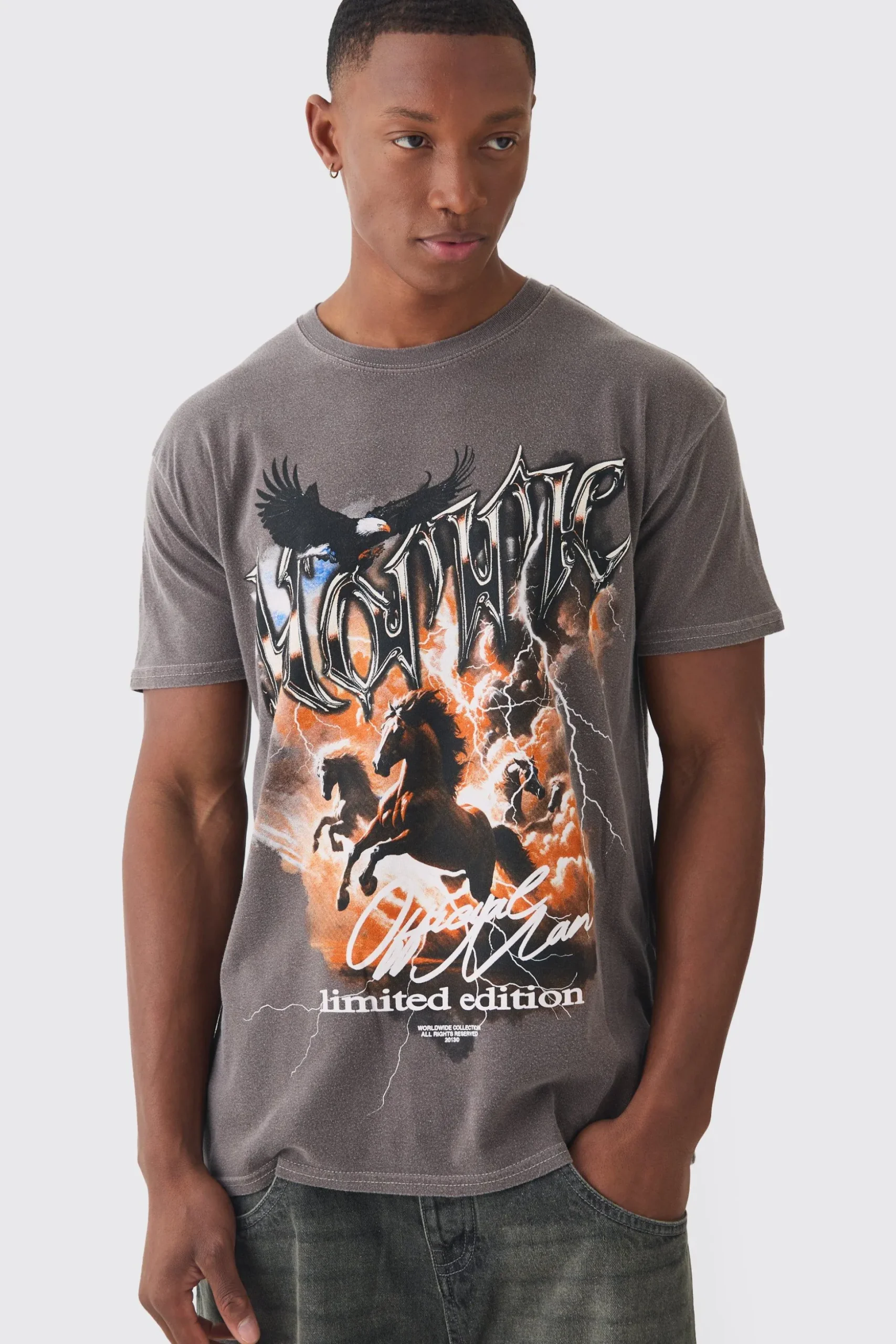 Homme Horse Graphic Wash T-shirt | BoohooMAN UK