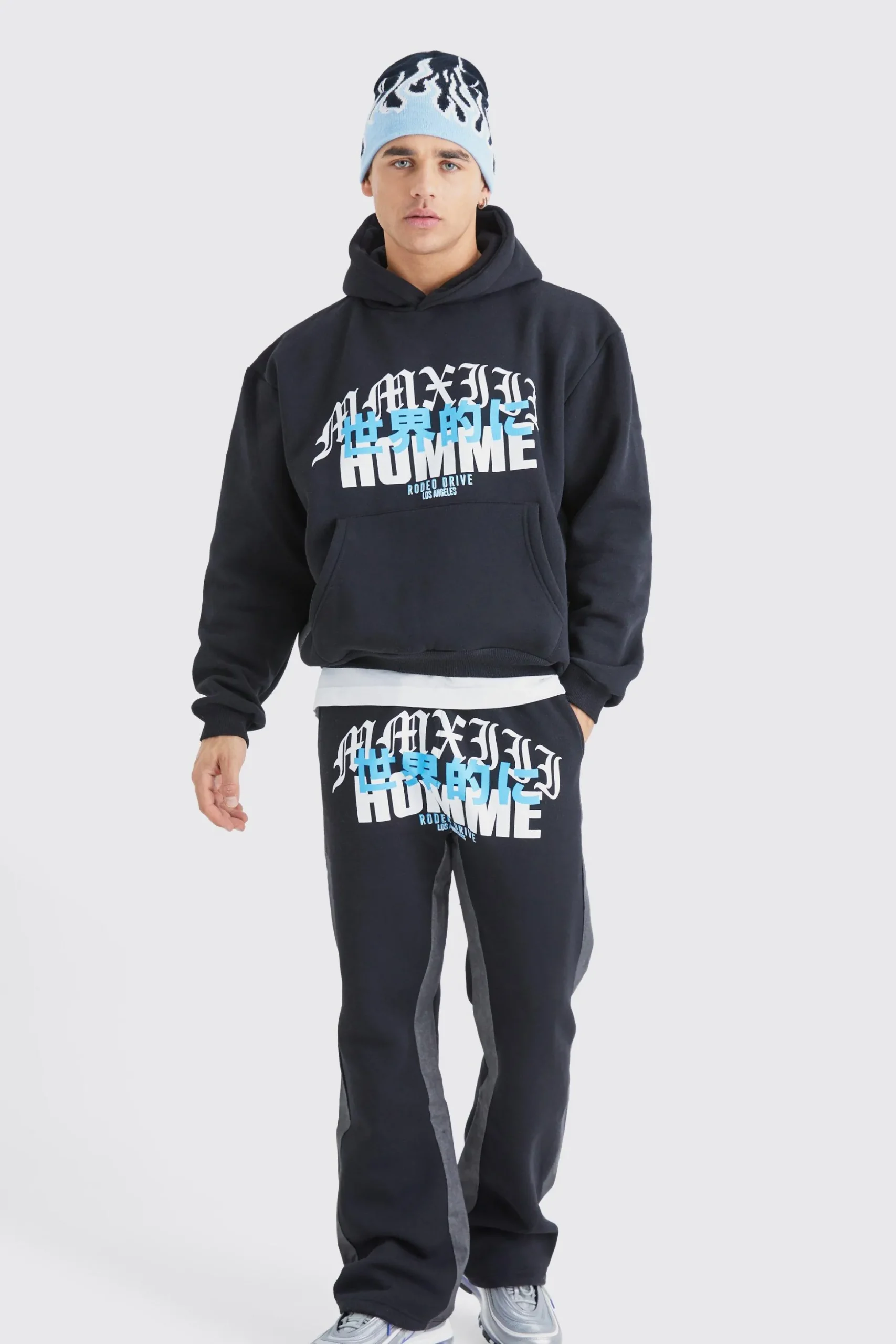 Homme Print Denim Gusset Tracksuit | BoohooMAN UK