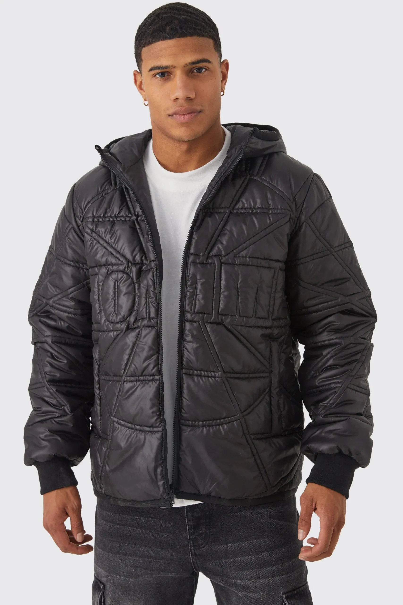 Homme Quilted Puffer With Hood | BoohooMAN UK