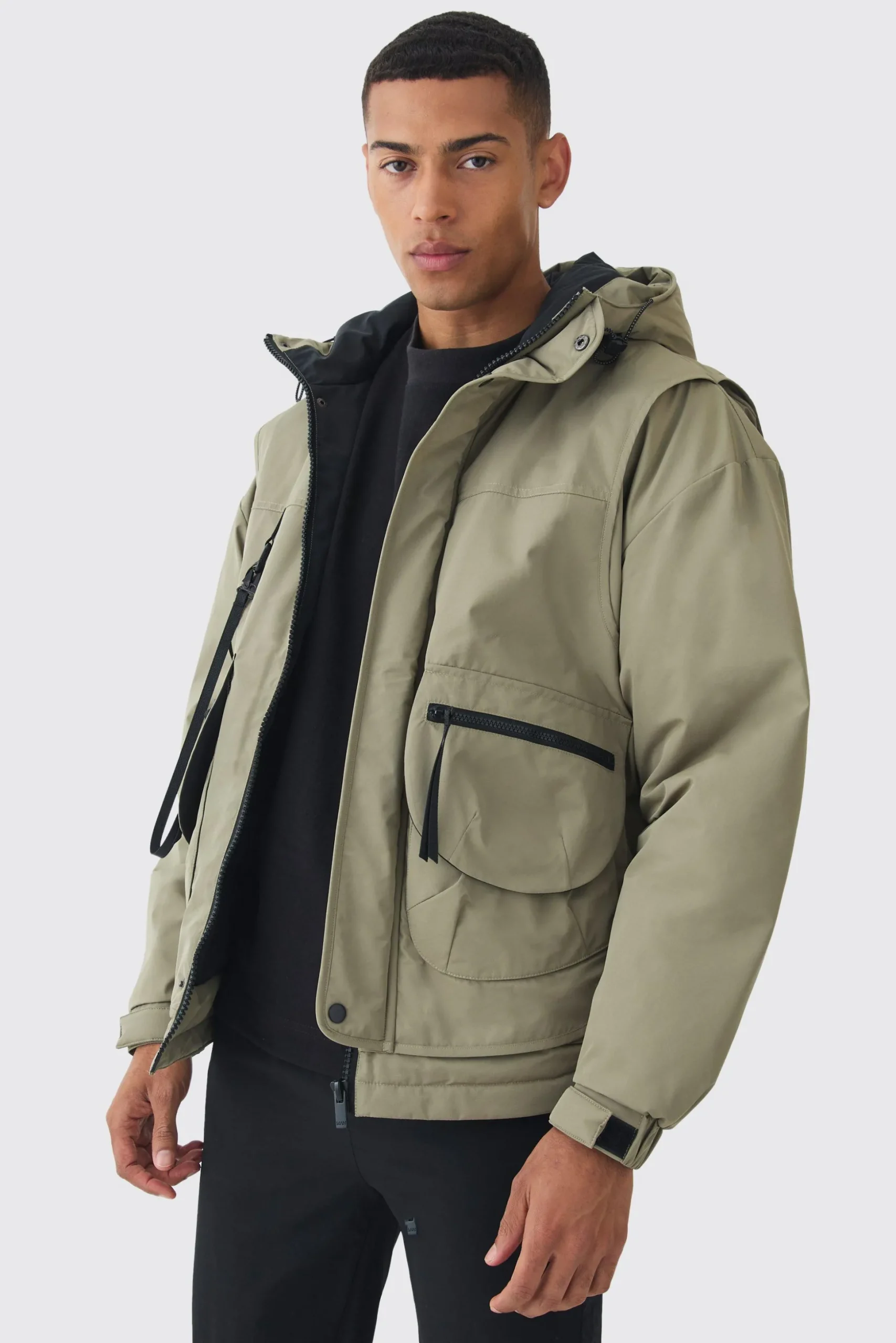 Hooded Utility Tech Parka In Khaki | BoohooMAN UK