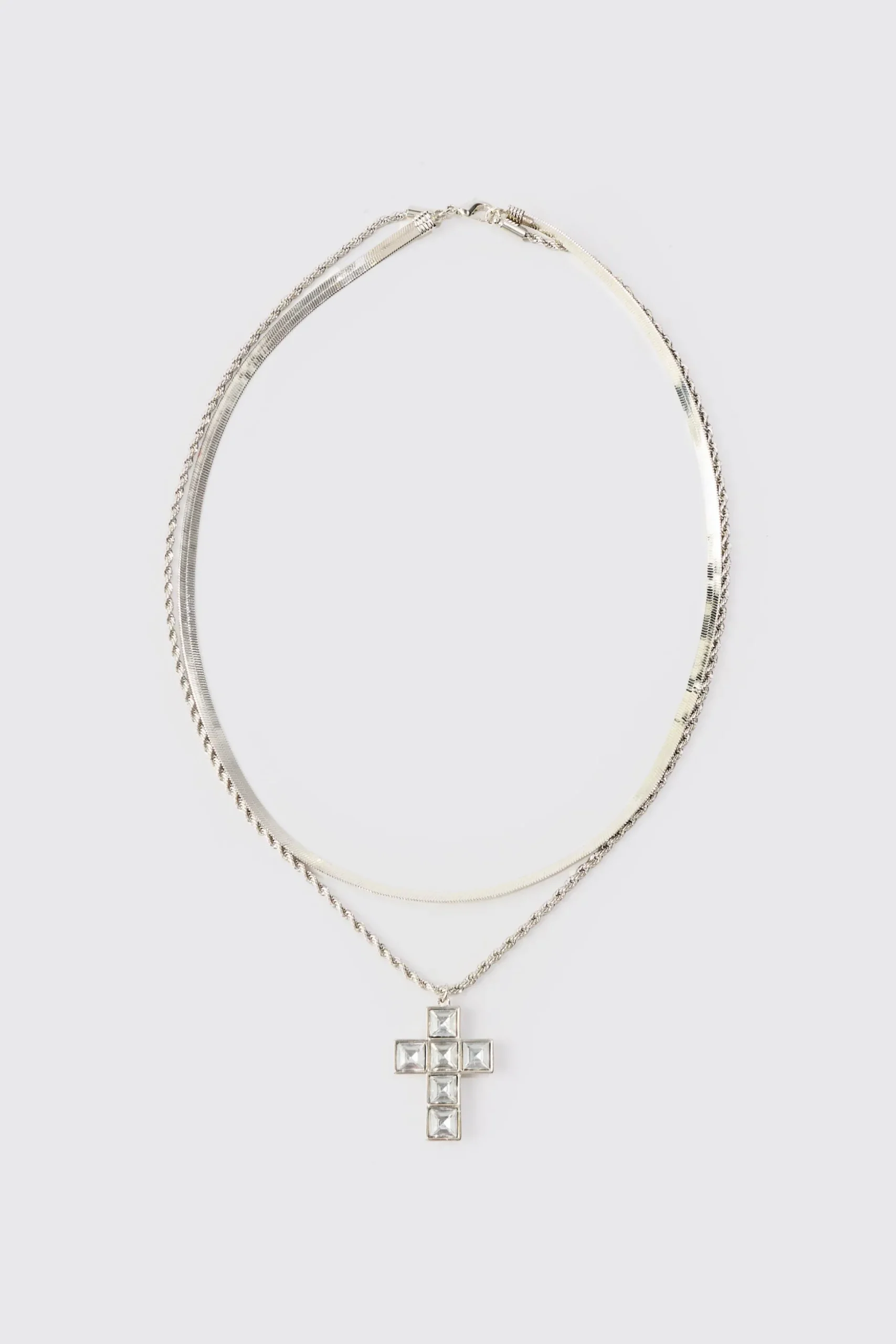 Iced Cross Pendant Double Chain Necklace In Silver | BoohooMAN UK