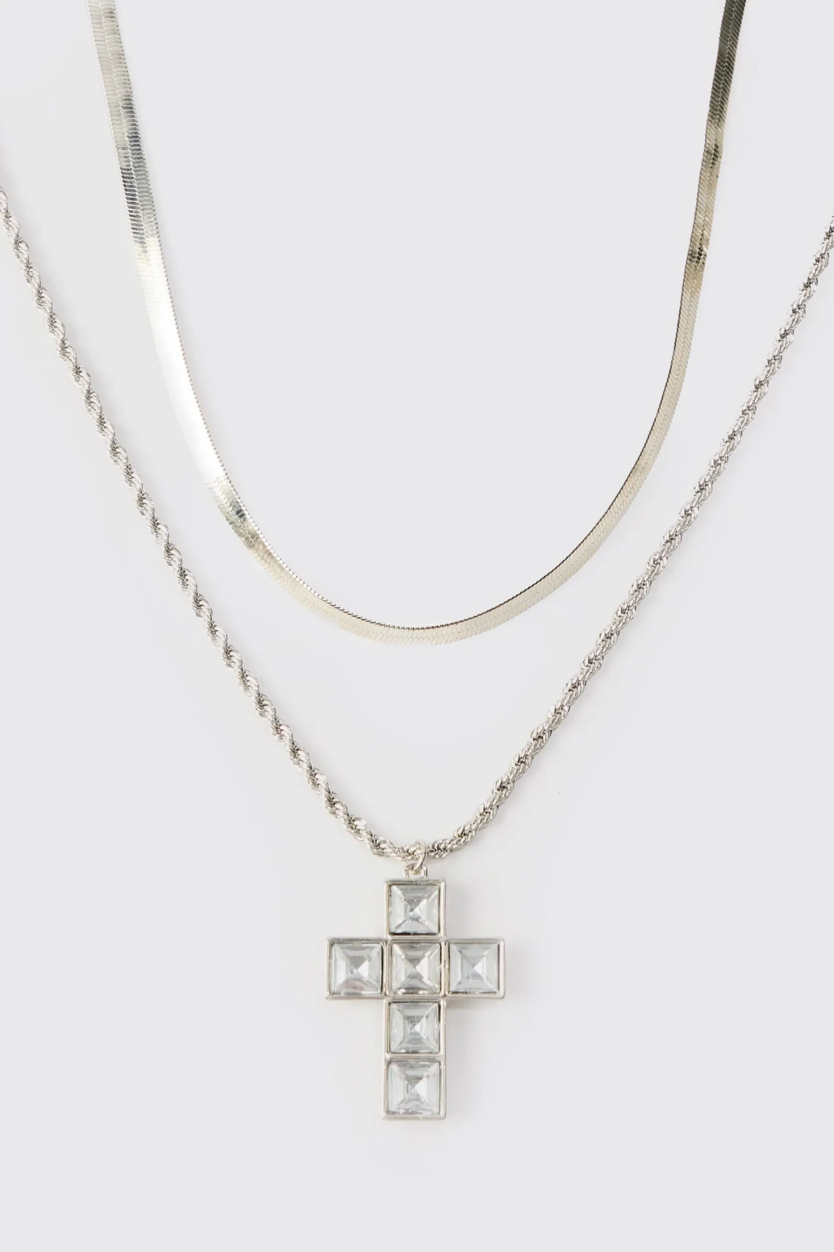Iced Cross Pendant Double Chain Necklace In Silver | BoohooMAN UK