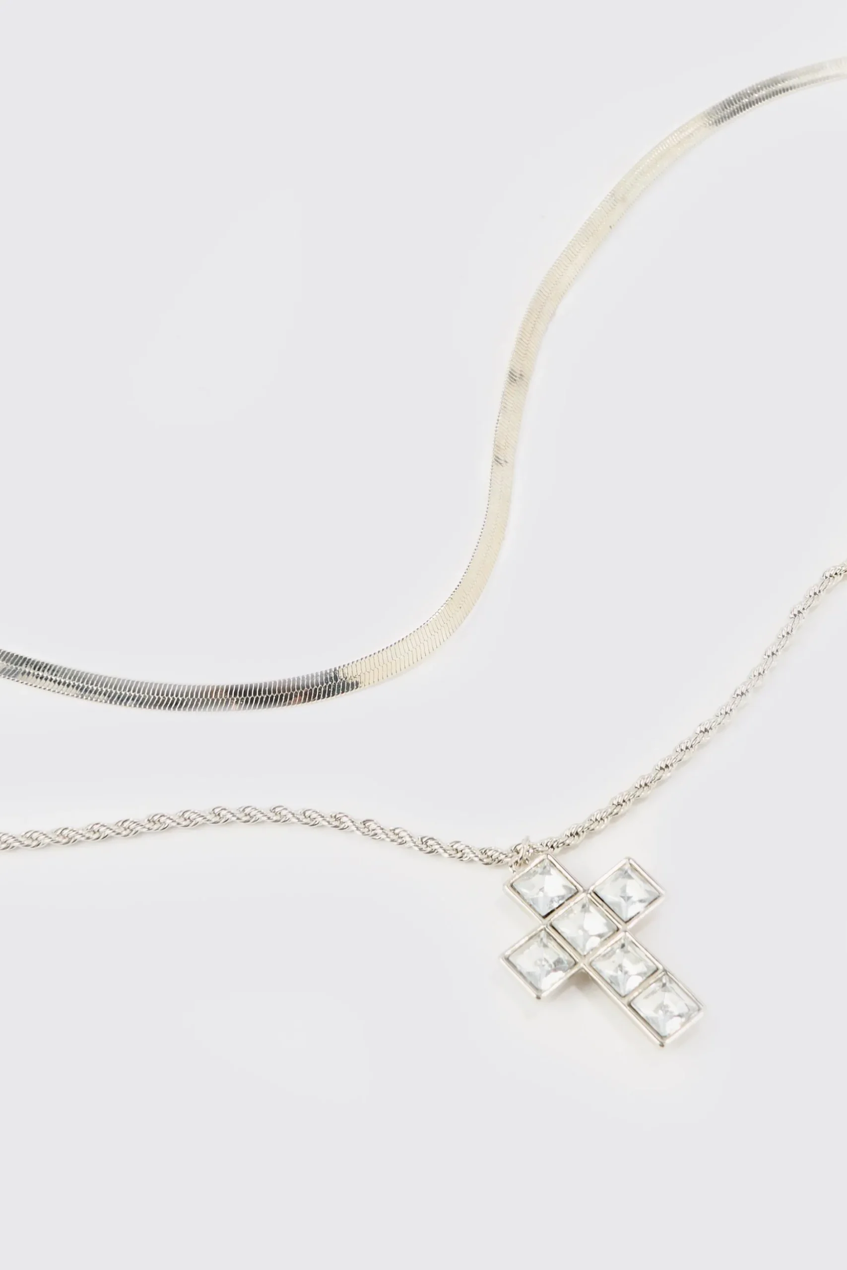 Iced Cross Pendant Double Chain Necklace In Silver | BoohooMAN UK