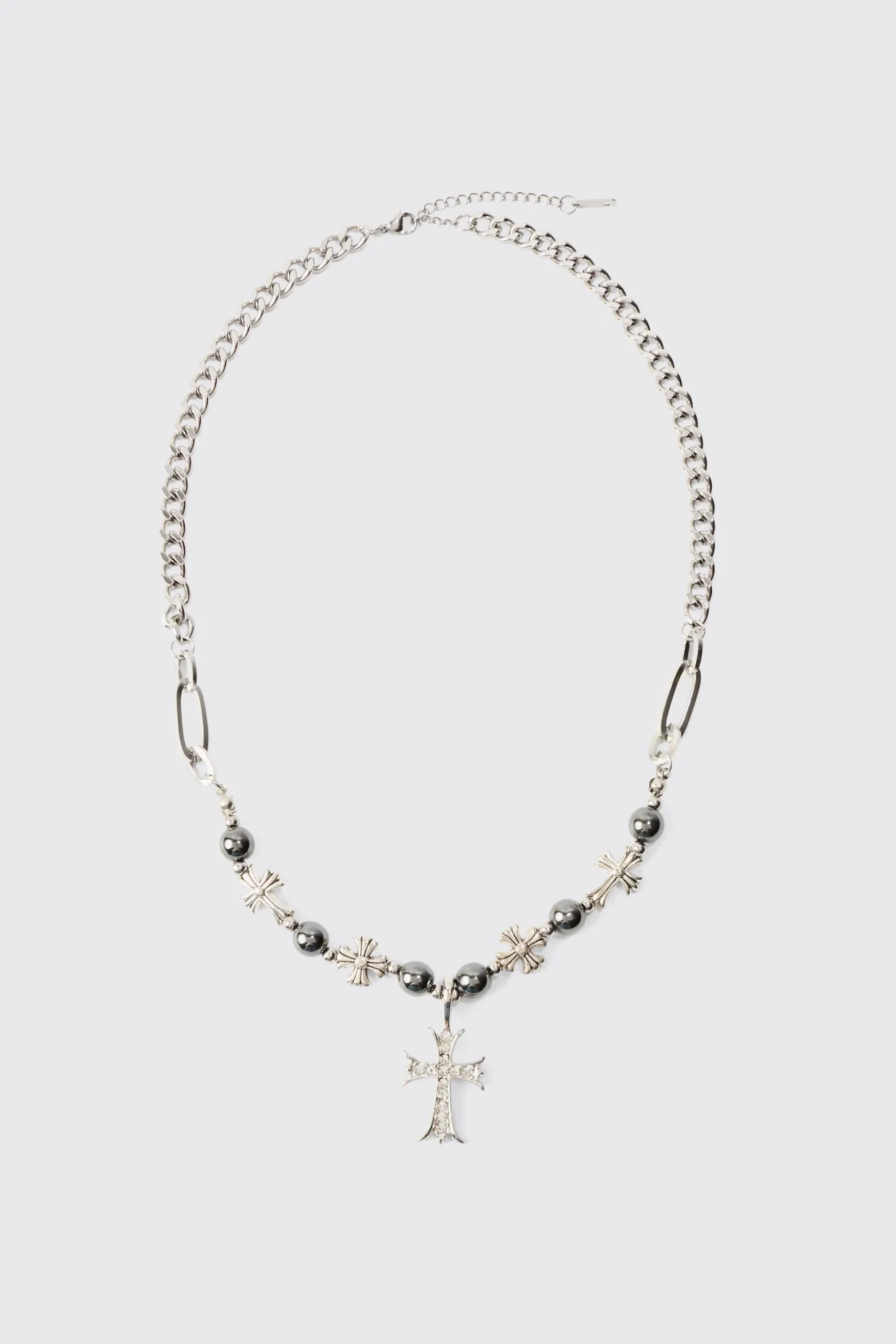 Iced Cross Pendant Pearl Necklace | BoohooMAN UK