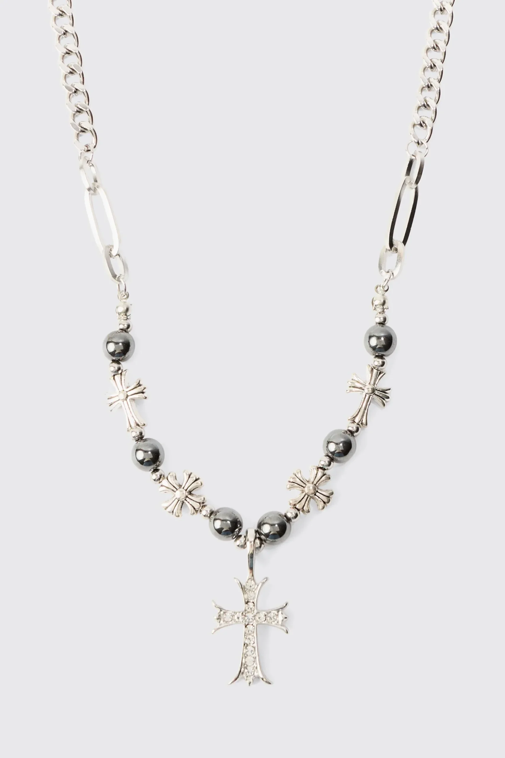 Iced Cross Pendant Pearl Necklace | BoohooMAN UK