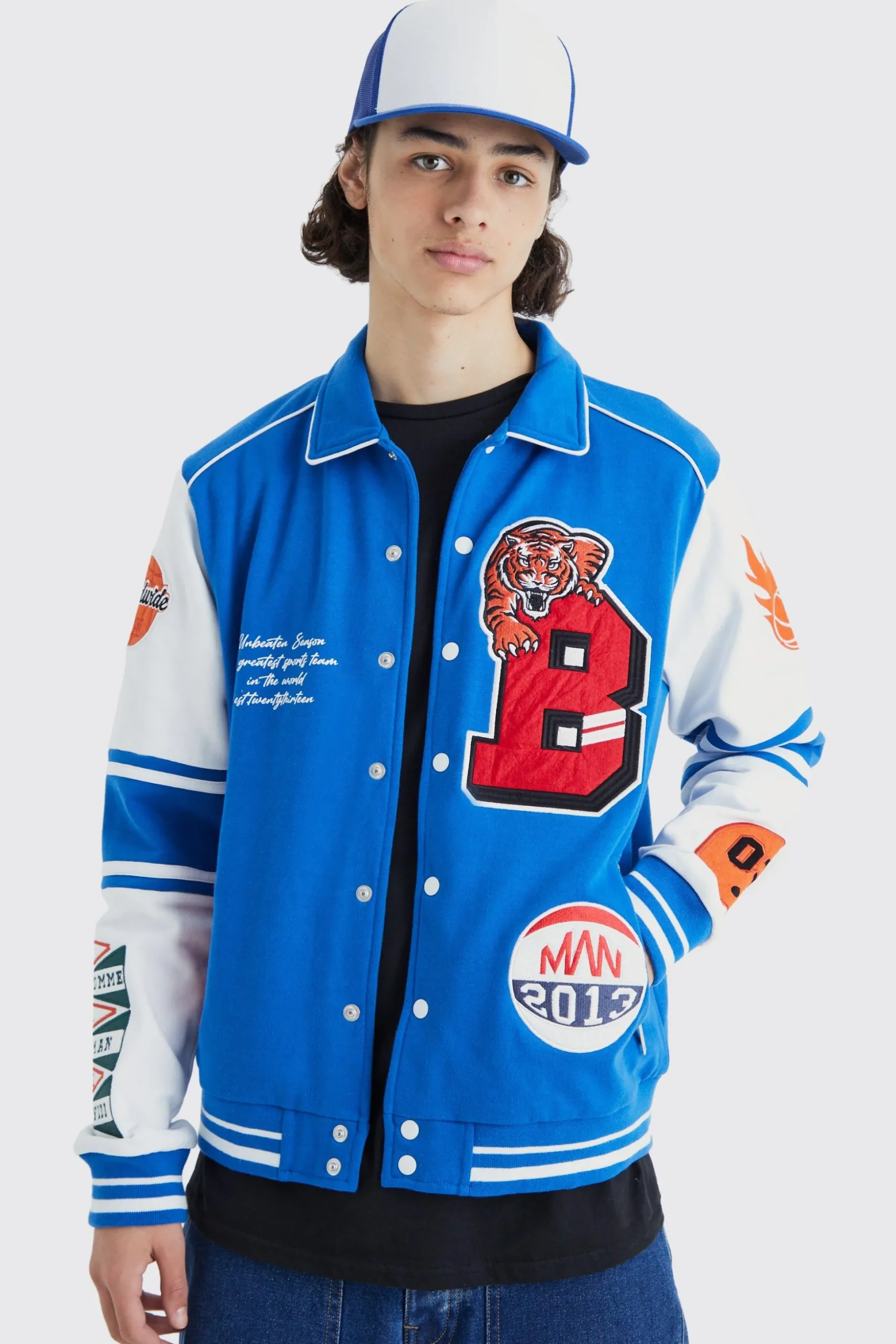 Jersey Harrington Varsity Jacket | BoohooMAN UK