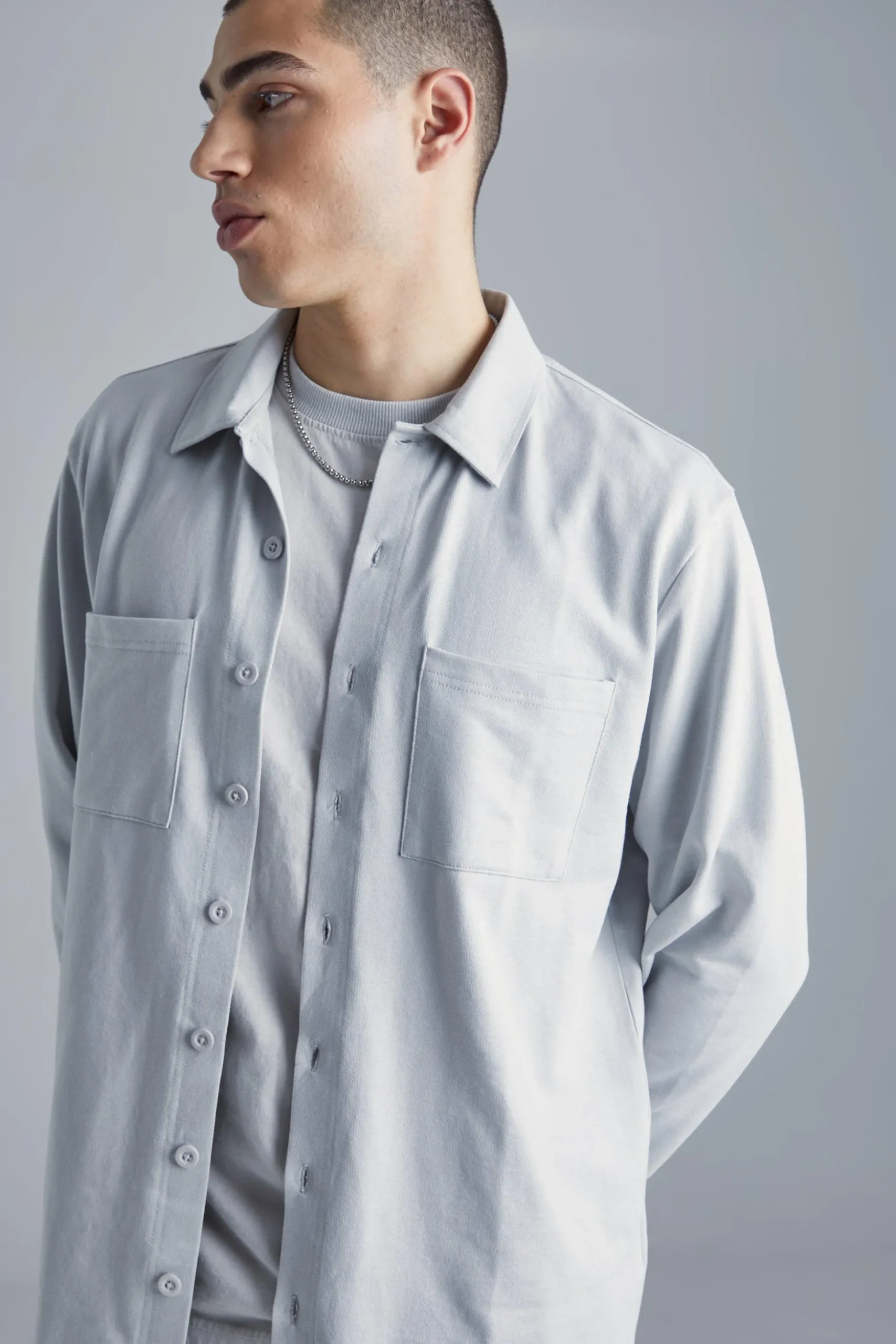 Jersey Utility Button Through Overshirt | BoohooMAN UK