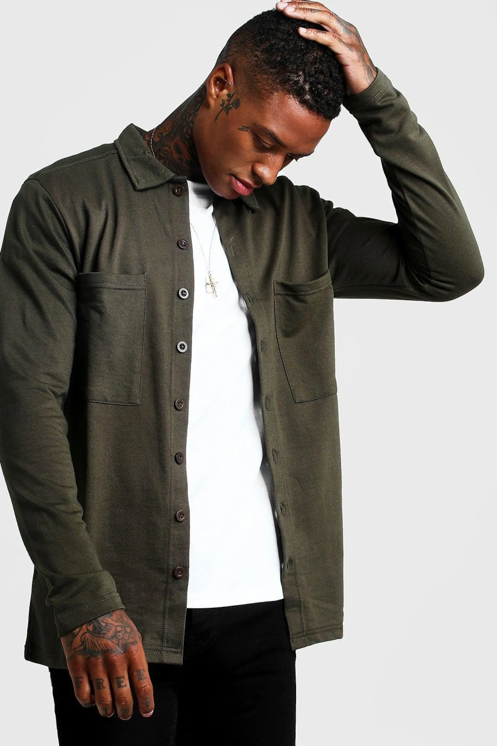 Jersey Utility Button Through Overshirt | BoohooMAN UK