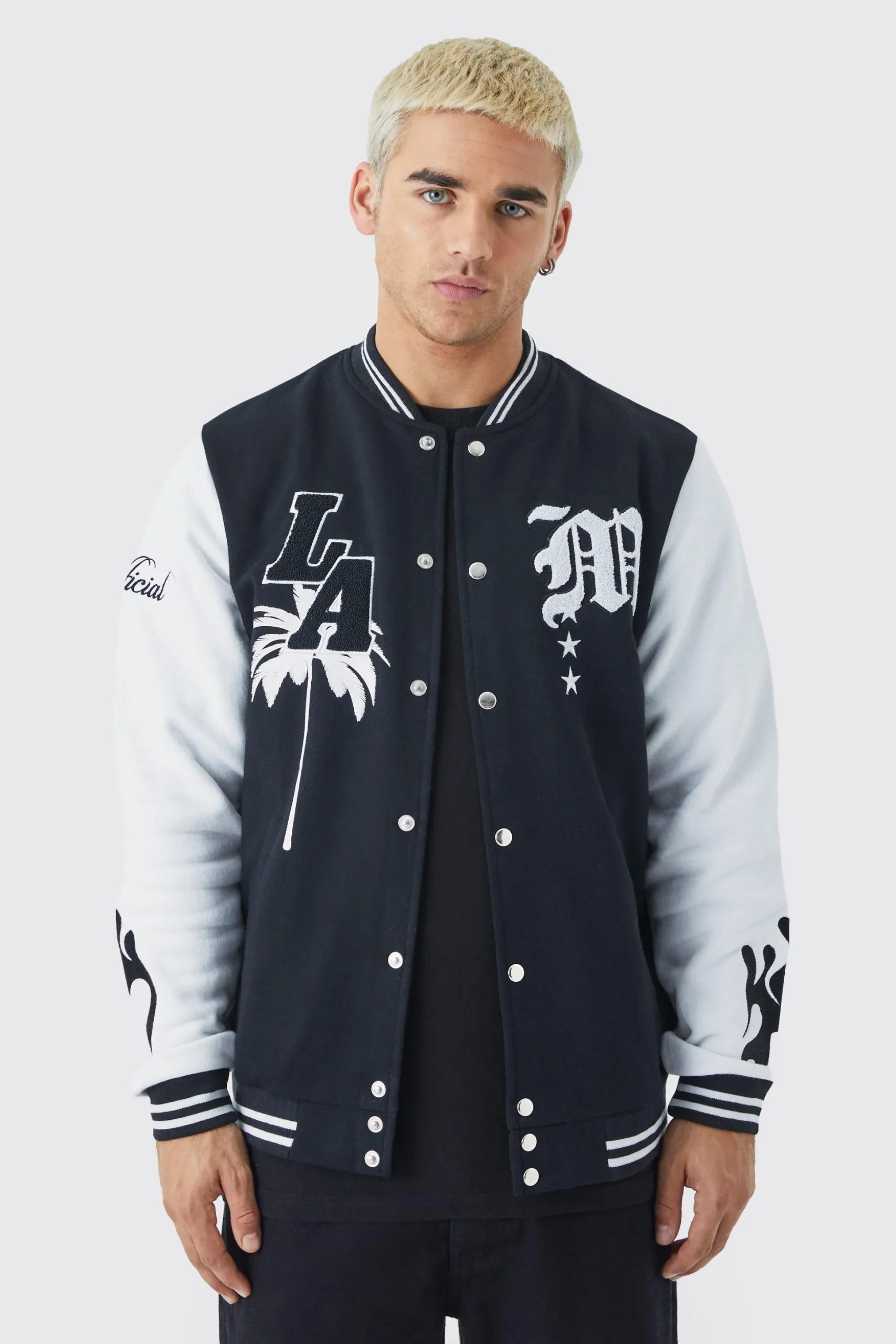 La Badge Jersey Varsity Bomber Jacket | BoohooMAN UK