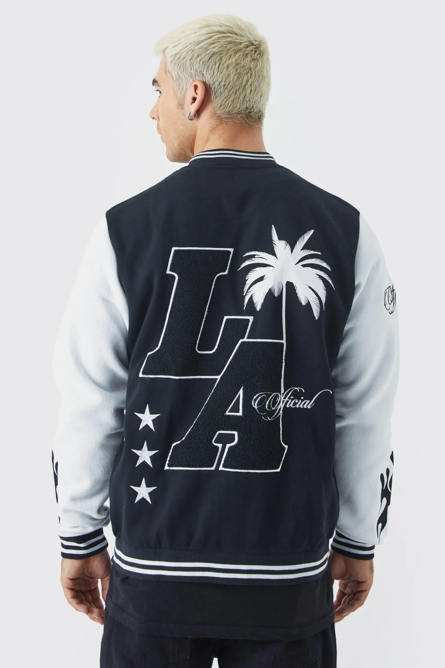 La Badge Jersey Varsity Bomber Jacket | BoohooMAN UK