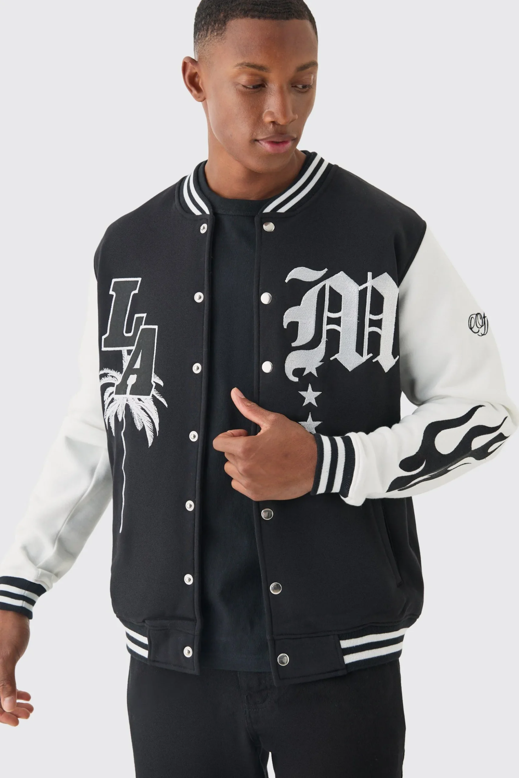 LA Badge Jersey Varsity Bomber Jacket | BoohooMAN UK