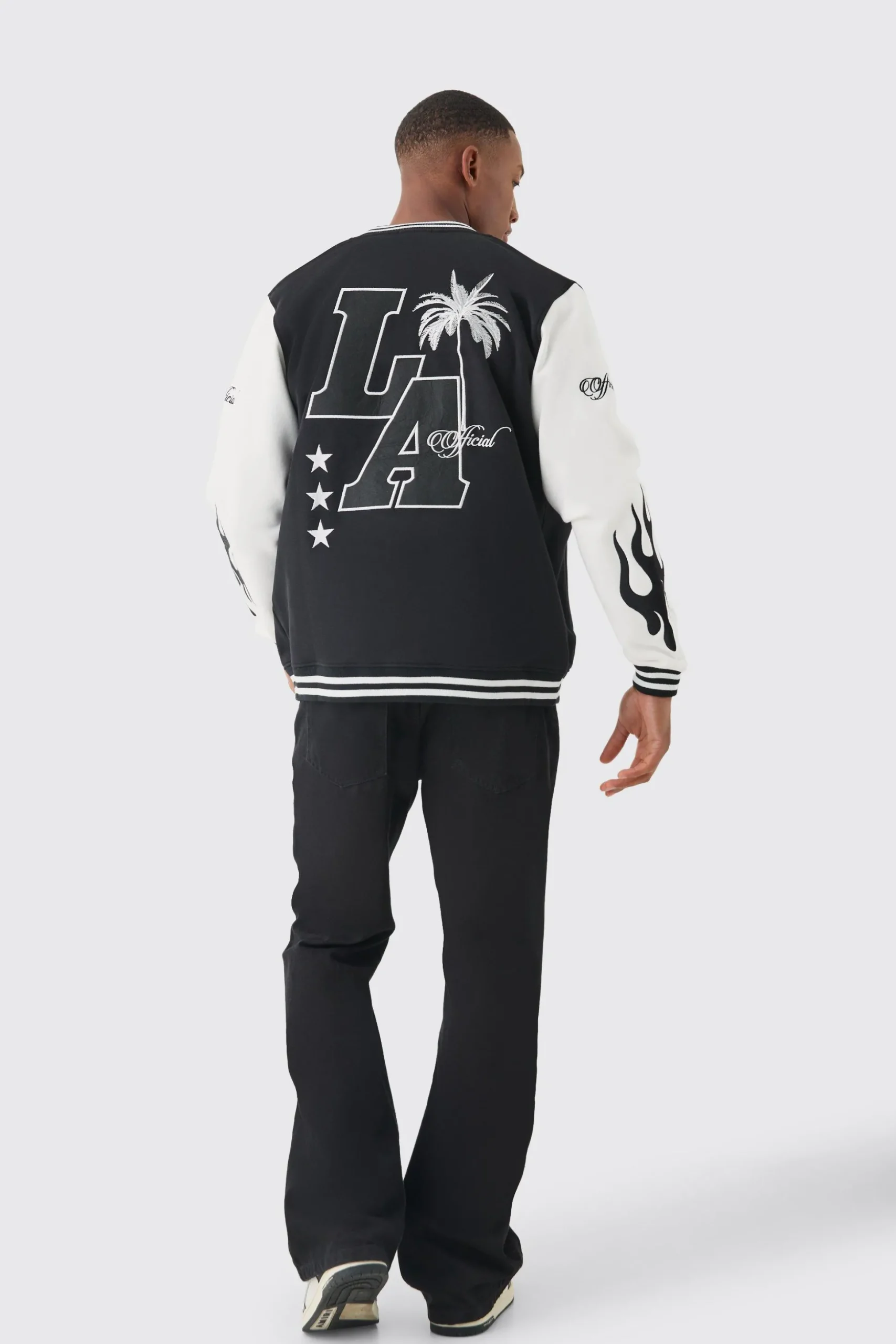 LA Badge Jersey Varsity Bomber Jacket | BoohooMAN UK
