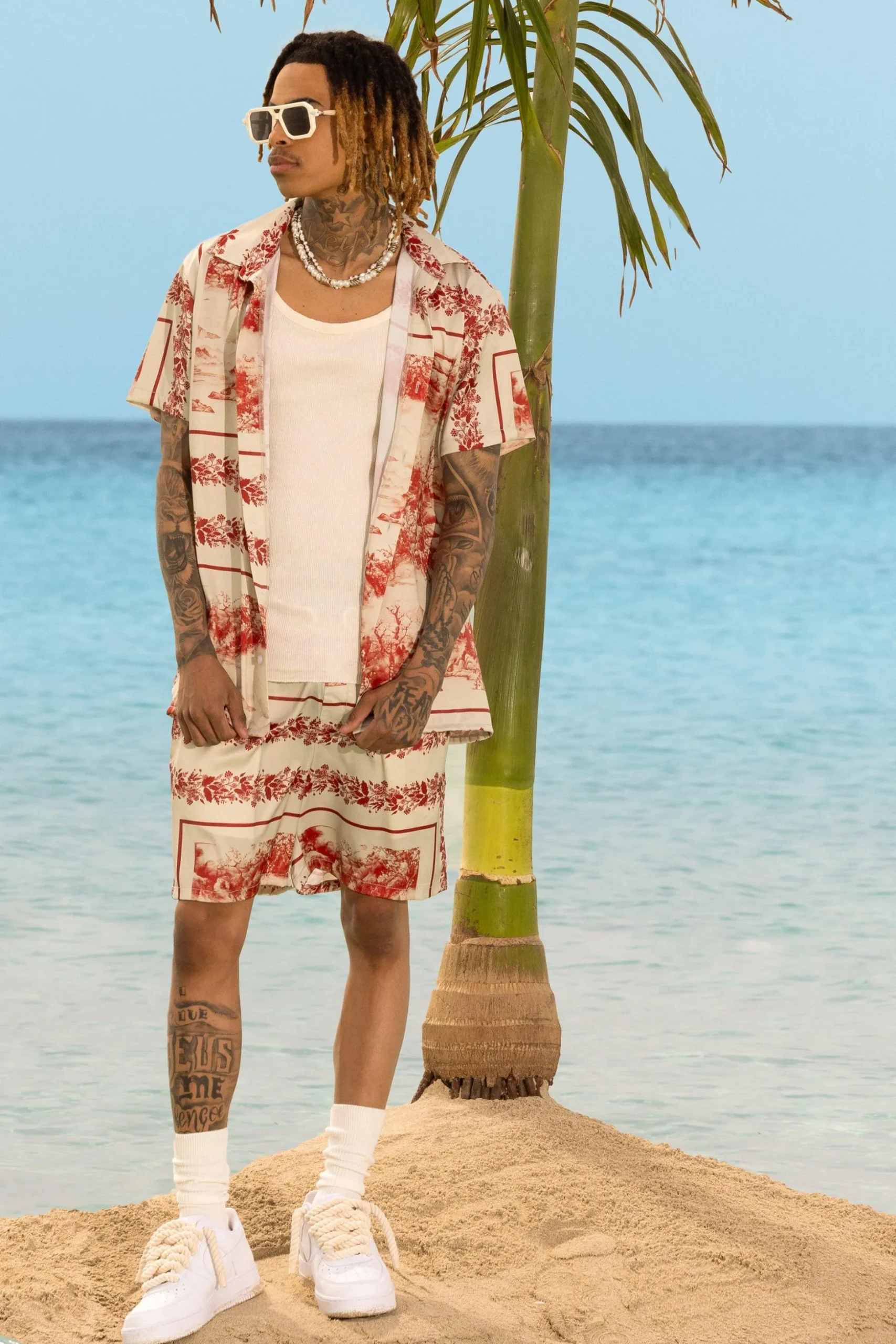 Landscape Satin Short Sleeve Shirt & Short Set | BoohooMAN UK