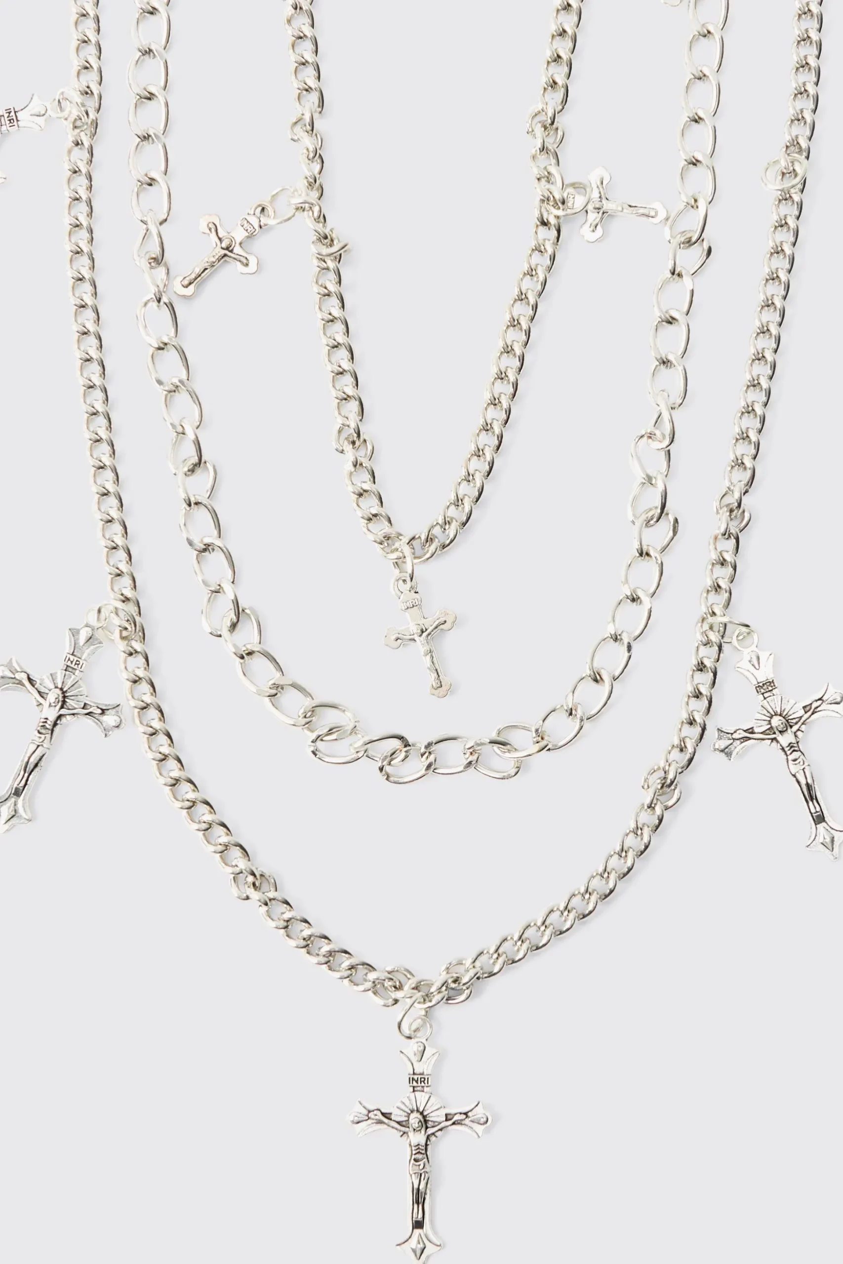 Layered Cross Jean Chain In Silver | BoohooMAN UK