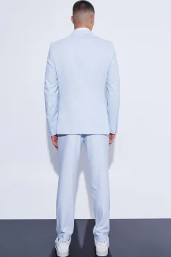 LIGHT BLUE SLIM TEXTURED SUIT JACKET AND TROUSER | BoohooMAN UK