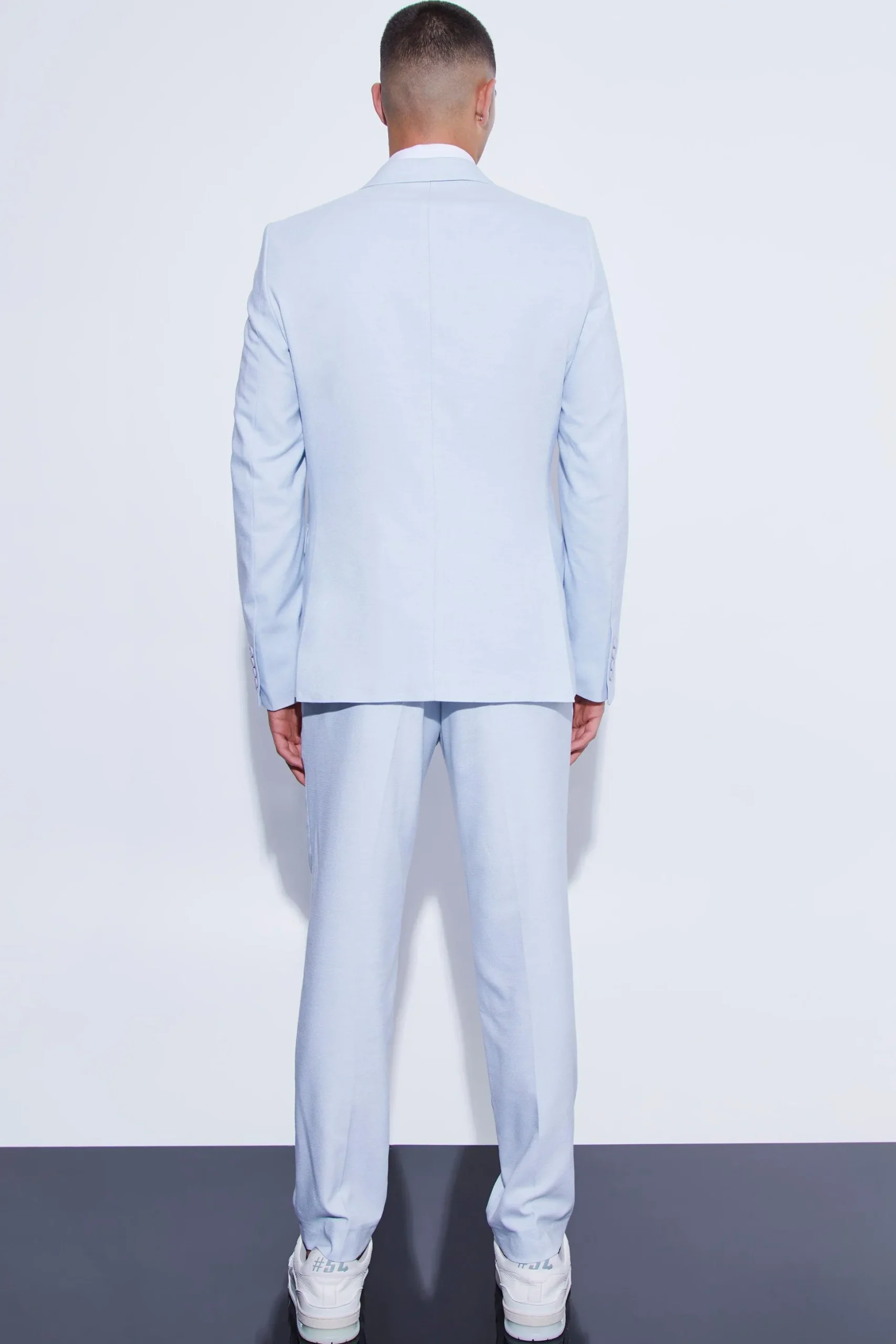 LIGHT BLUE SLIM TEXTURED SUIT JACKET AND TROUSER | BoohooMAN UK