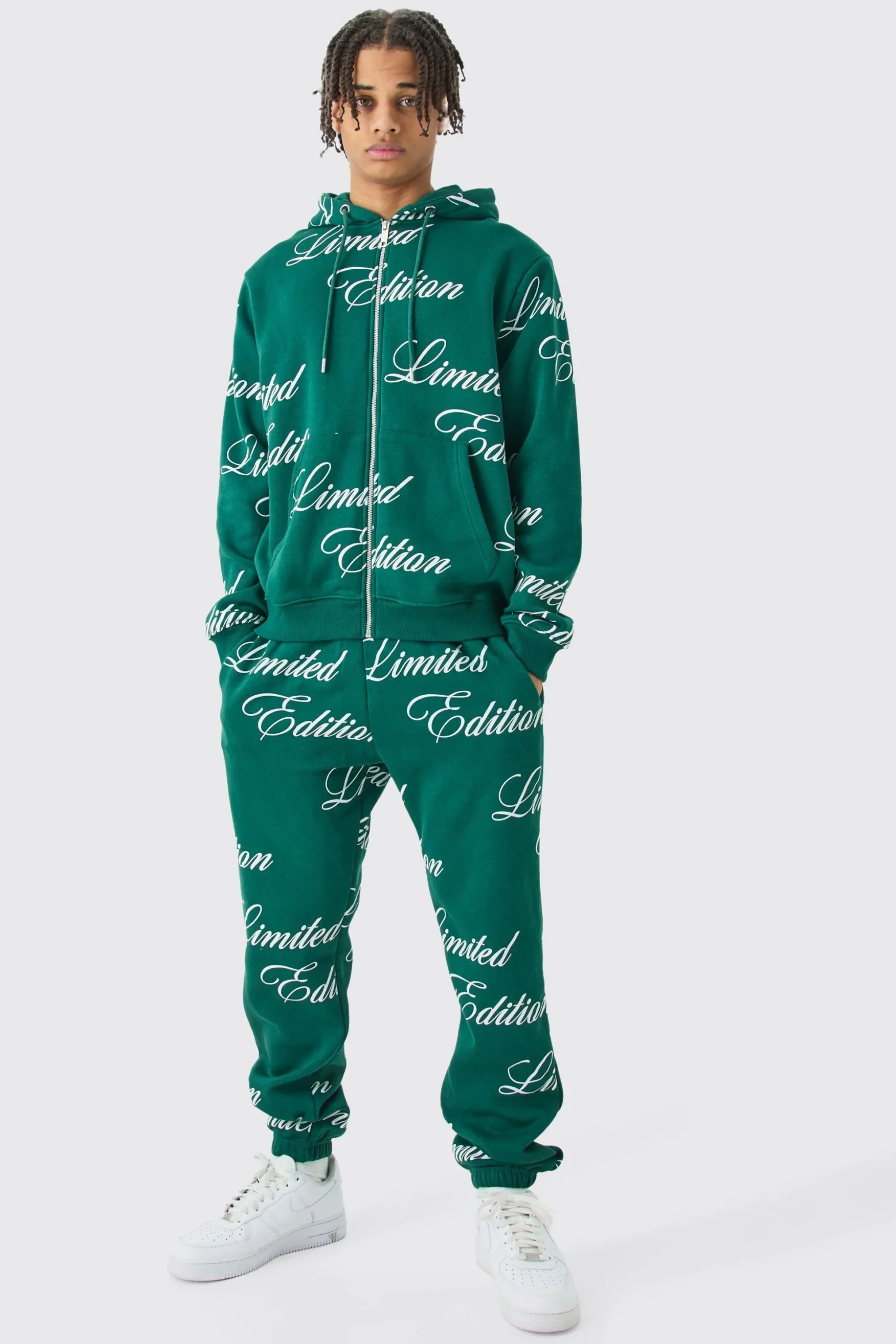 Limited Edition Script All Over Print Zip Hooded Tracksuit | BoohooMAN UK