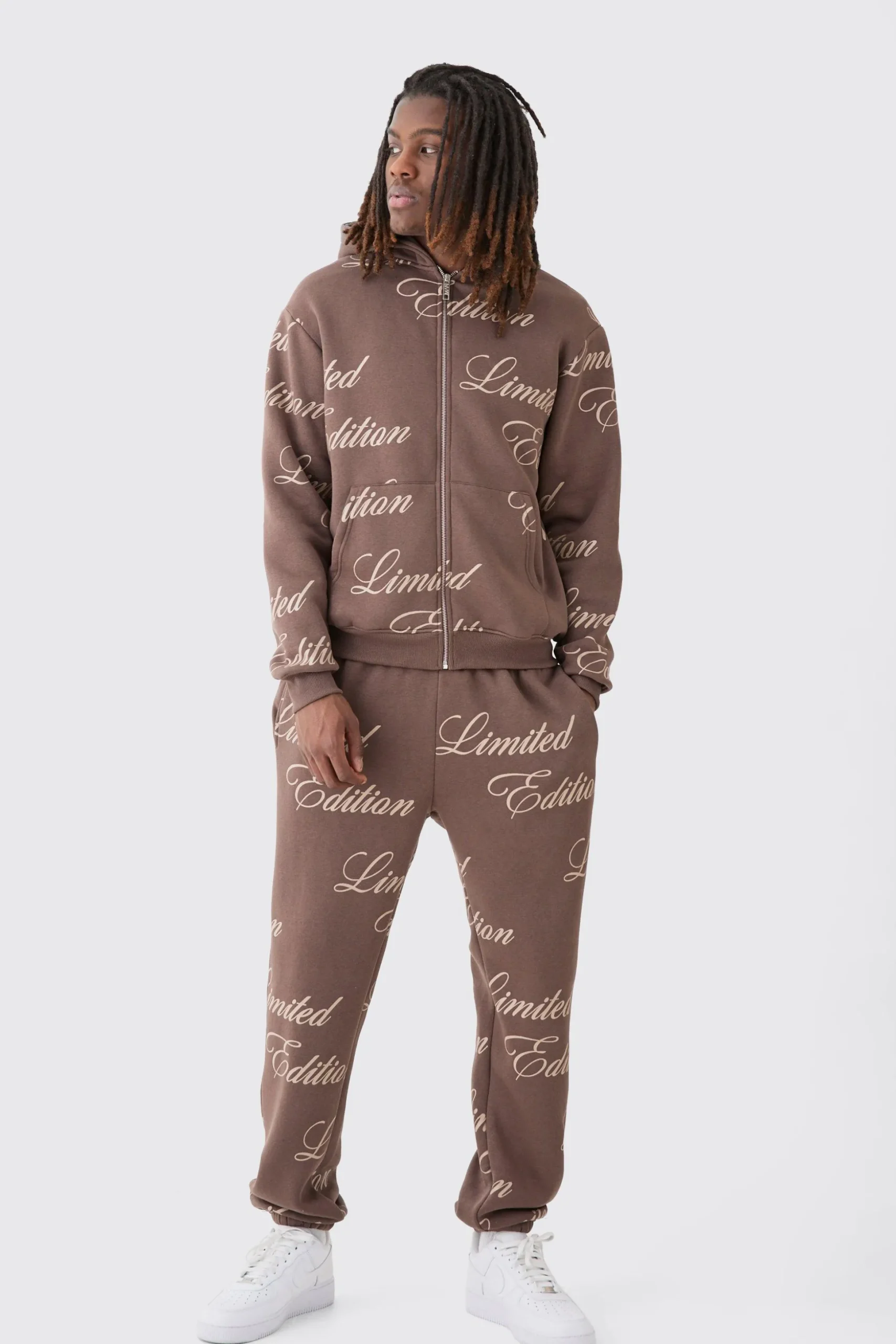 Limited Edition Script All Over Print Zip Hooded Tracksuit | BoohooMAN UK