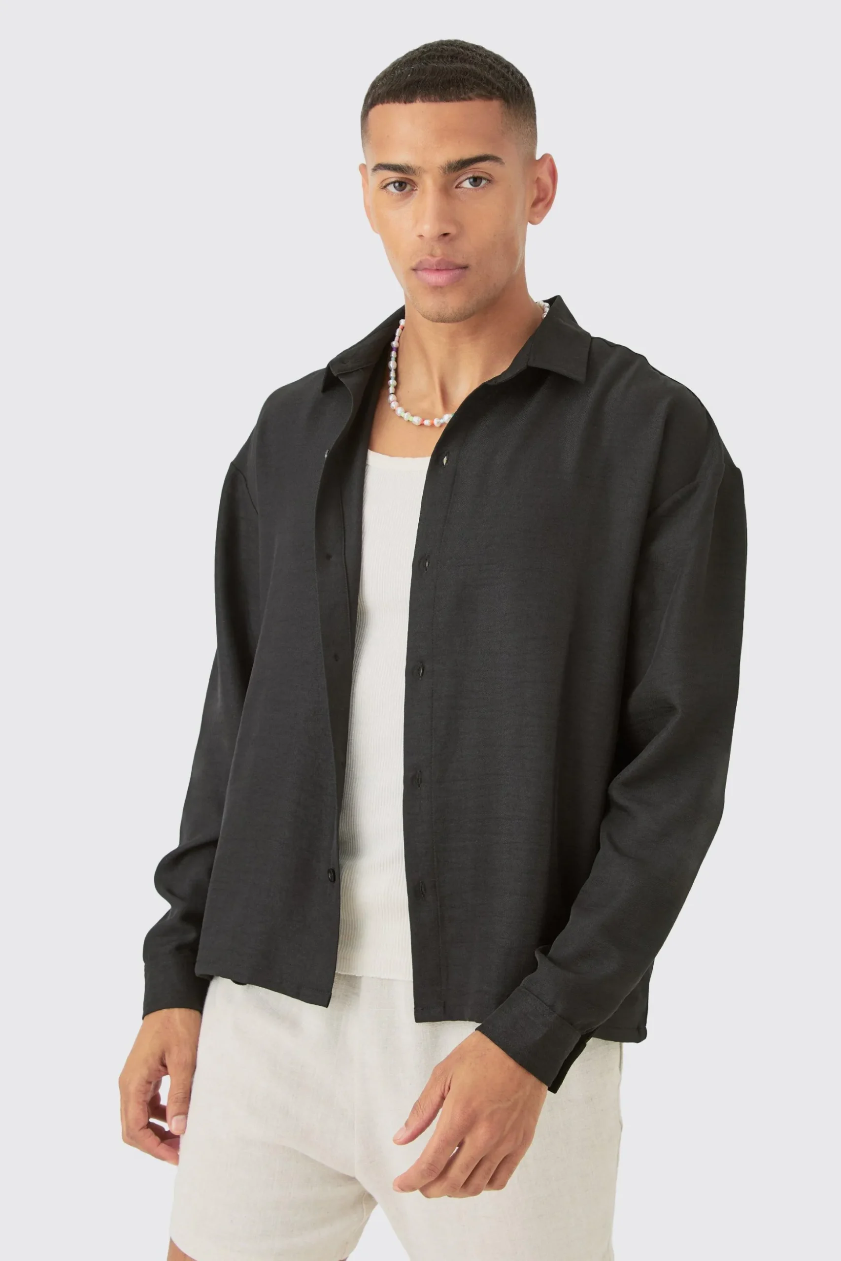 Linen Button Up Overshirt | BoohooMAN UK