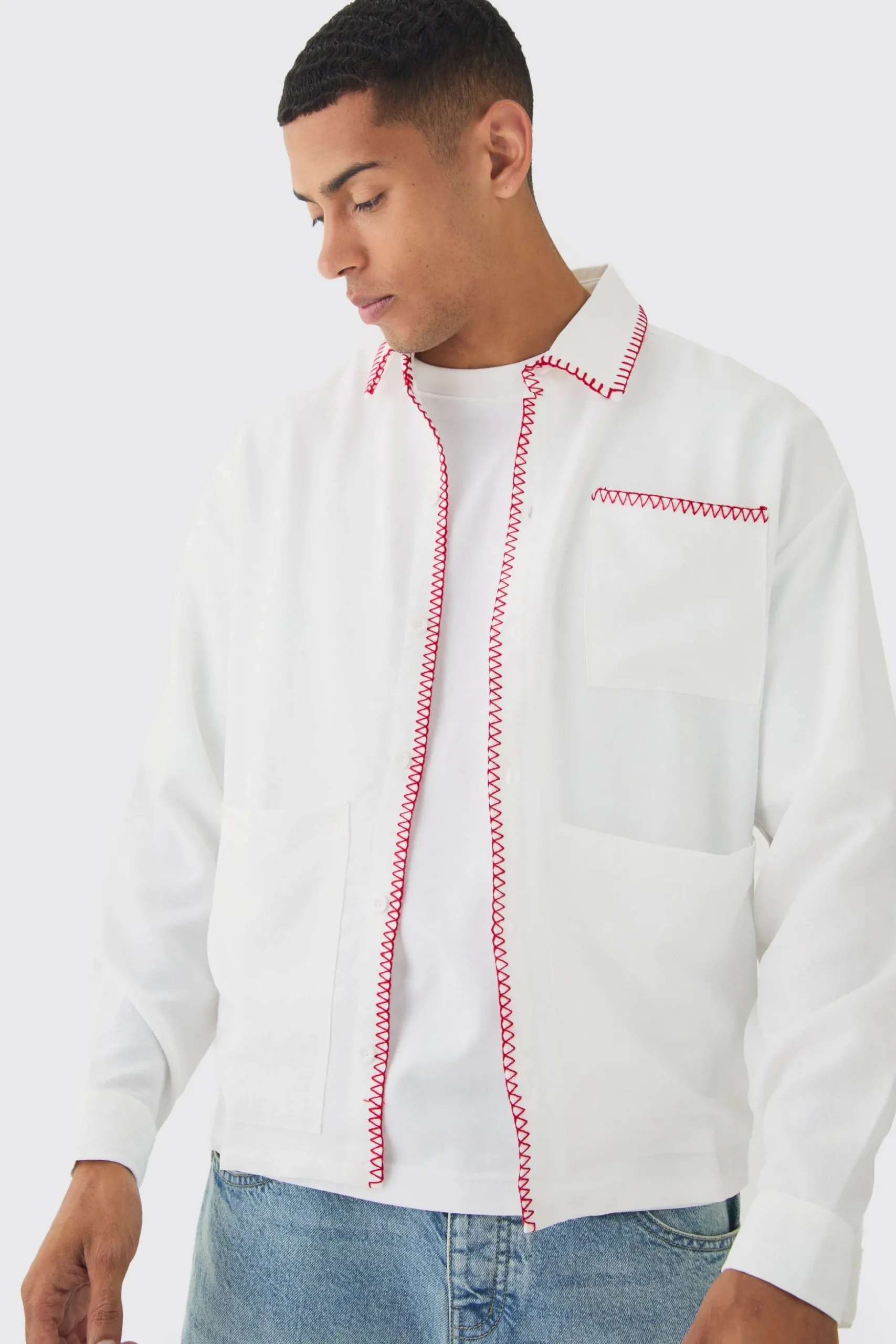 Linen Contrast Stitch Overshirt | BoohooMAN UK