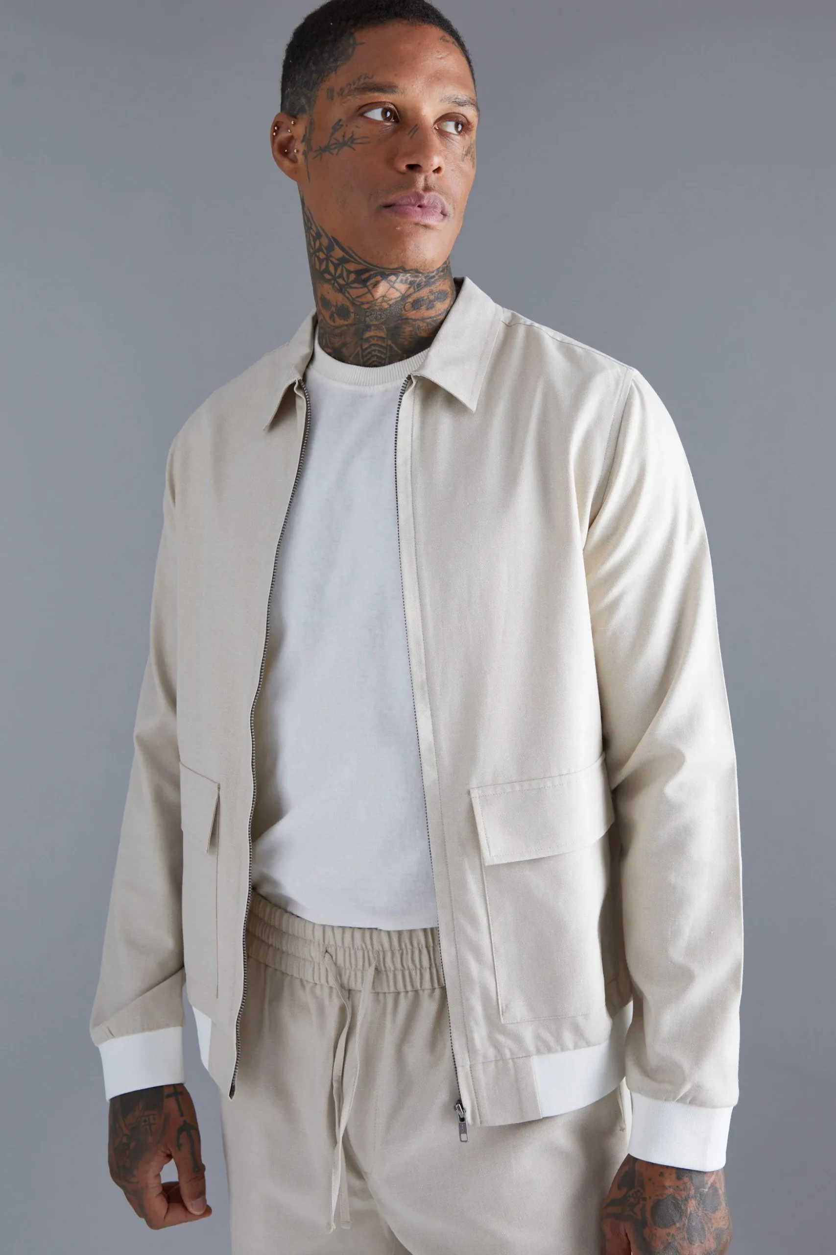 Linen Harrington & Short Set | BoohooMAN UK