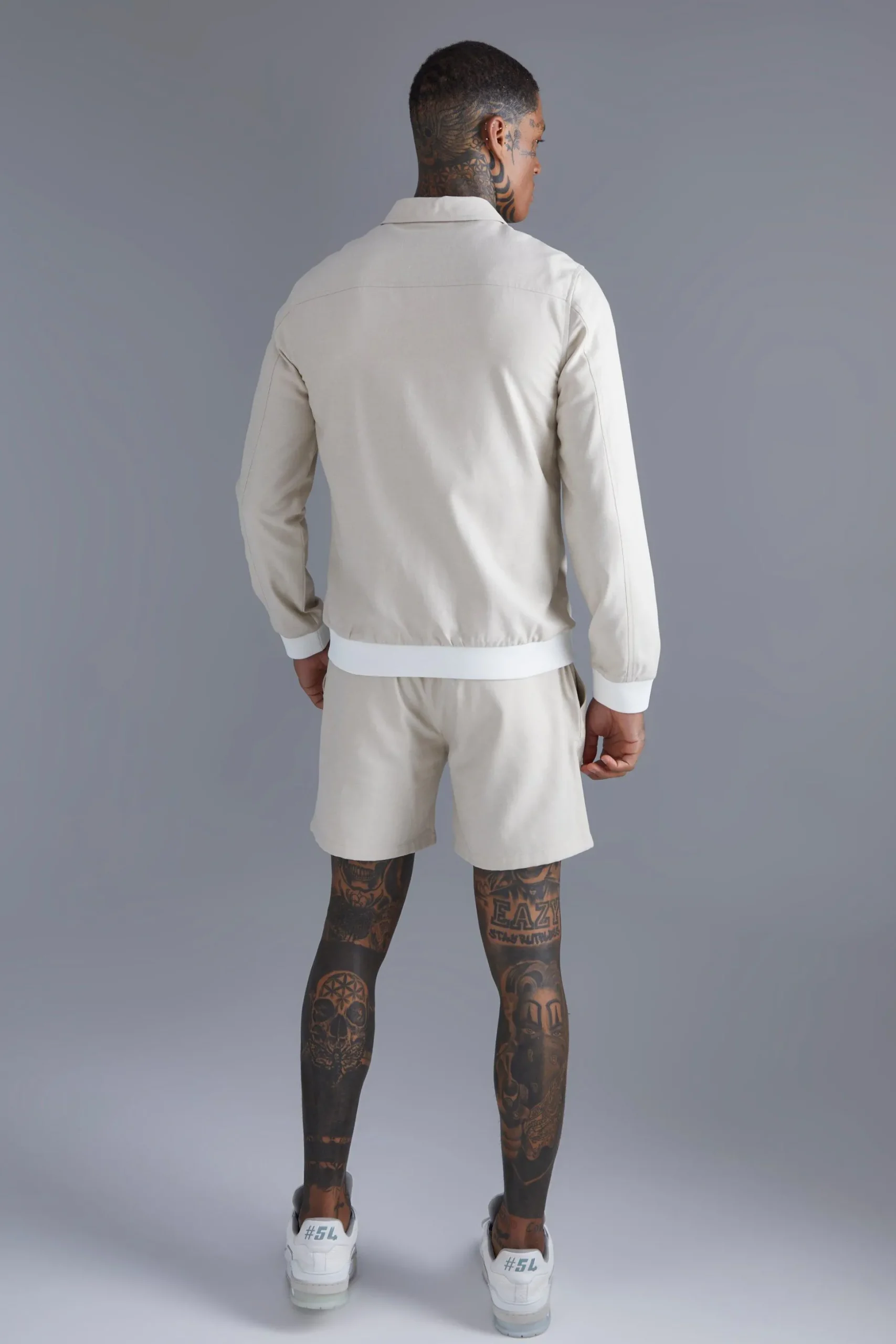 Linen Harrington & Short Set | BoohooMAN UK