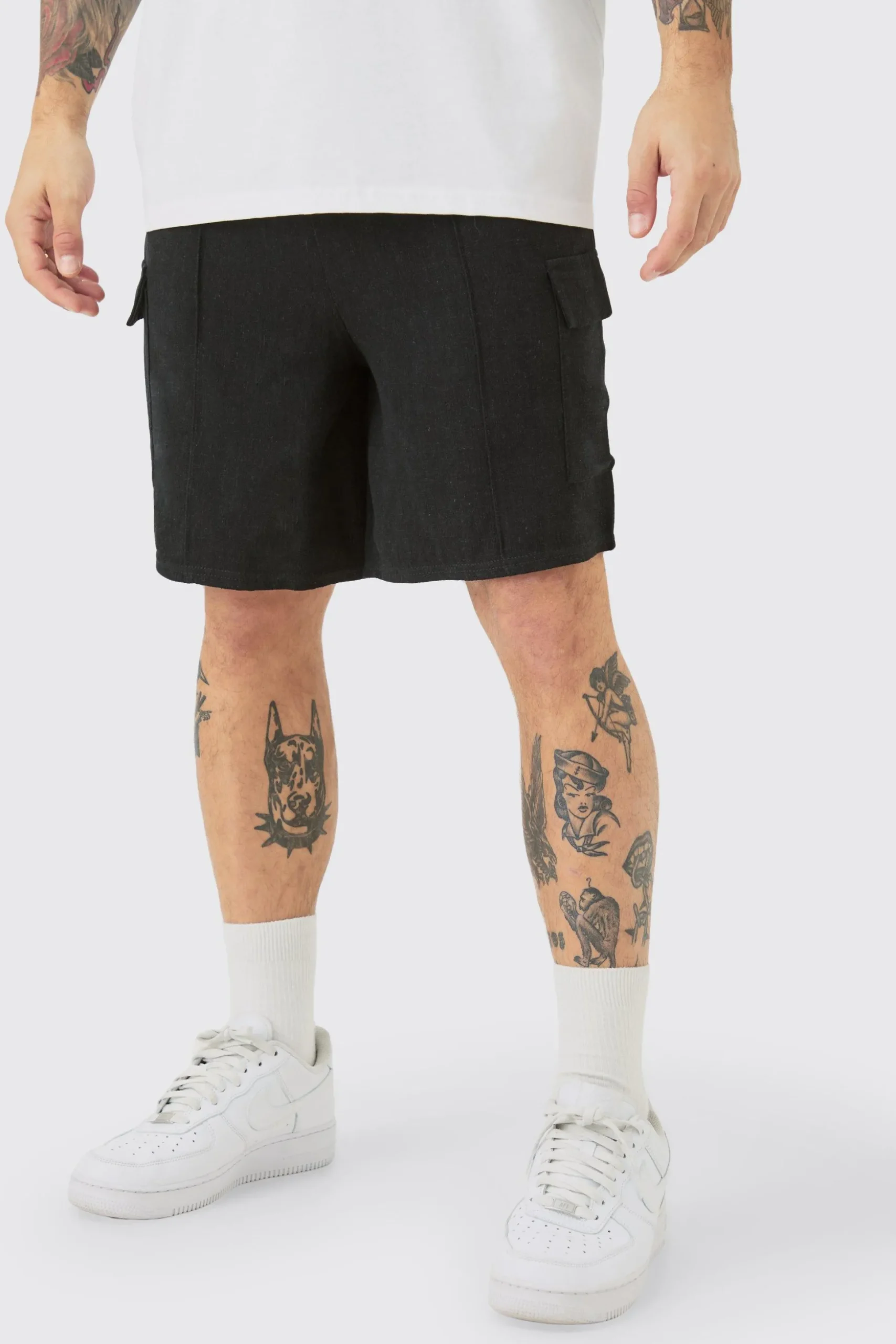 Linen Look Pin Tuck Elasticated Waist Cargo Relaxed Shorts | BoohooMAN UK