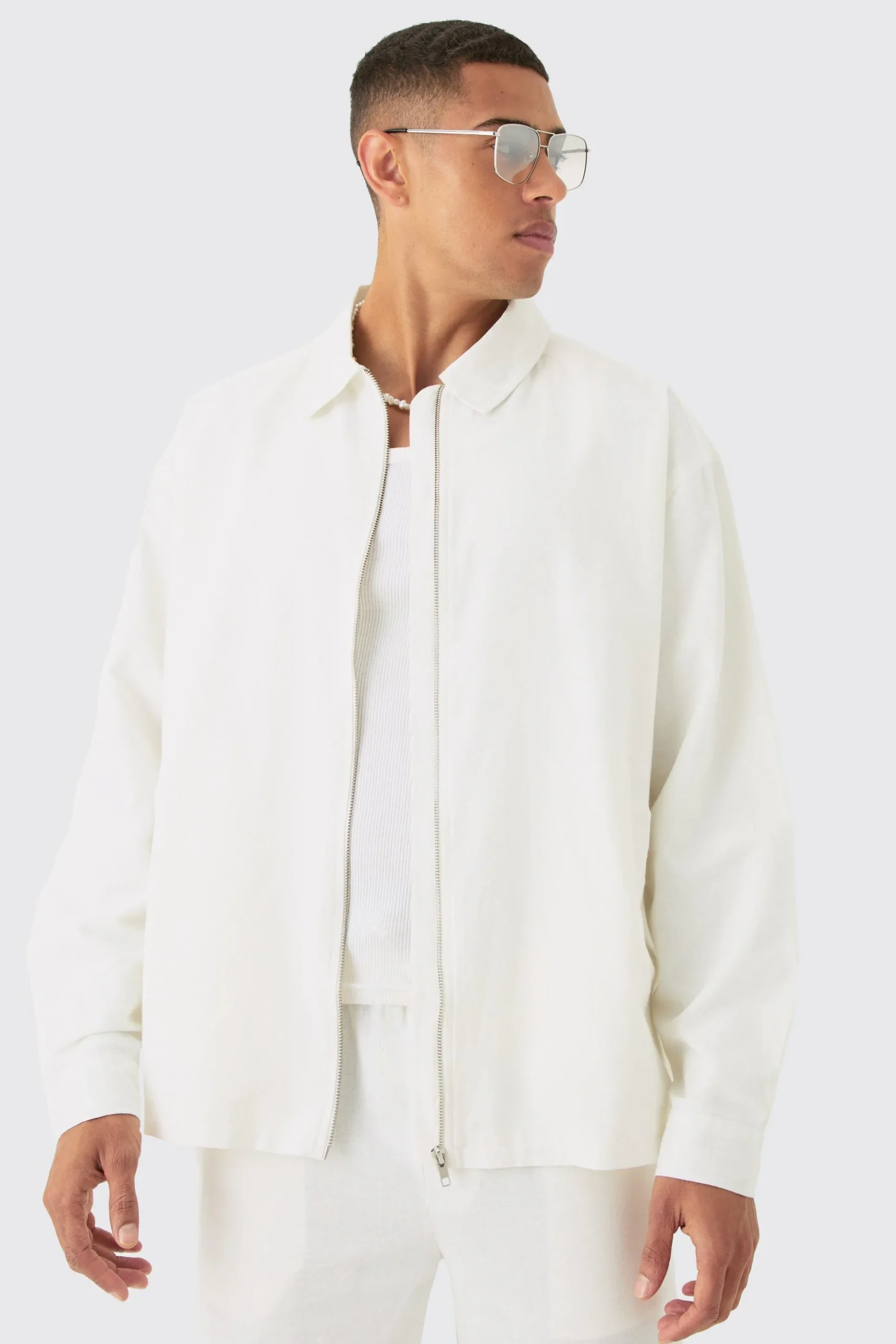 Linen Mix Relaxed Harrington Jacket | BoohooMAN UK