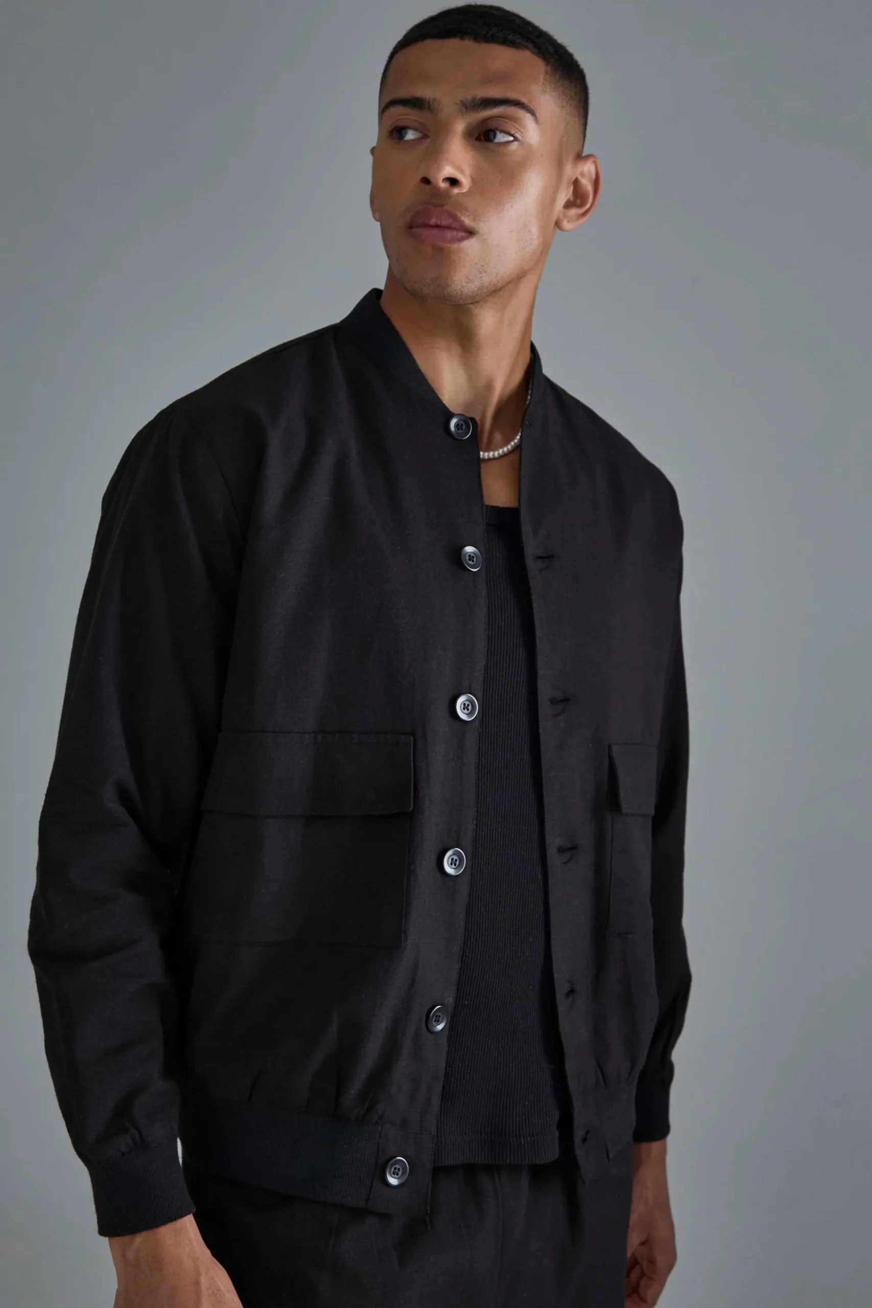 Linen Mix Smart Oversized Cargo Bomber Jacket | BoohooMAN UK