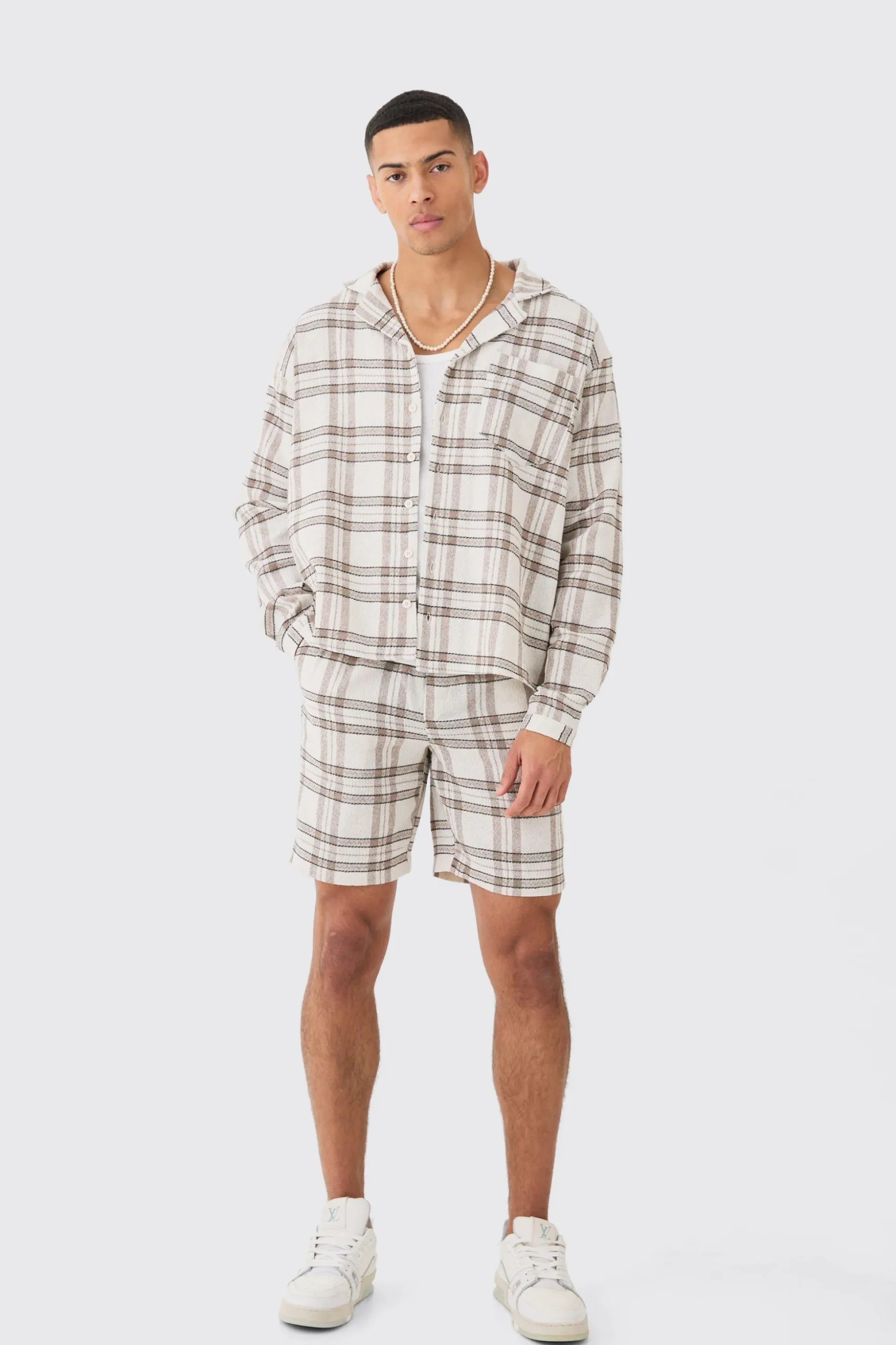 Long Sleeve Boxy Tonal Textured Shirt And Short | BoohooMAN UK