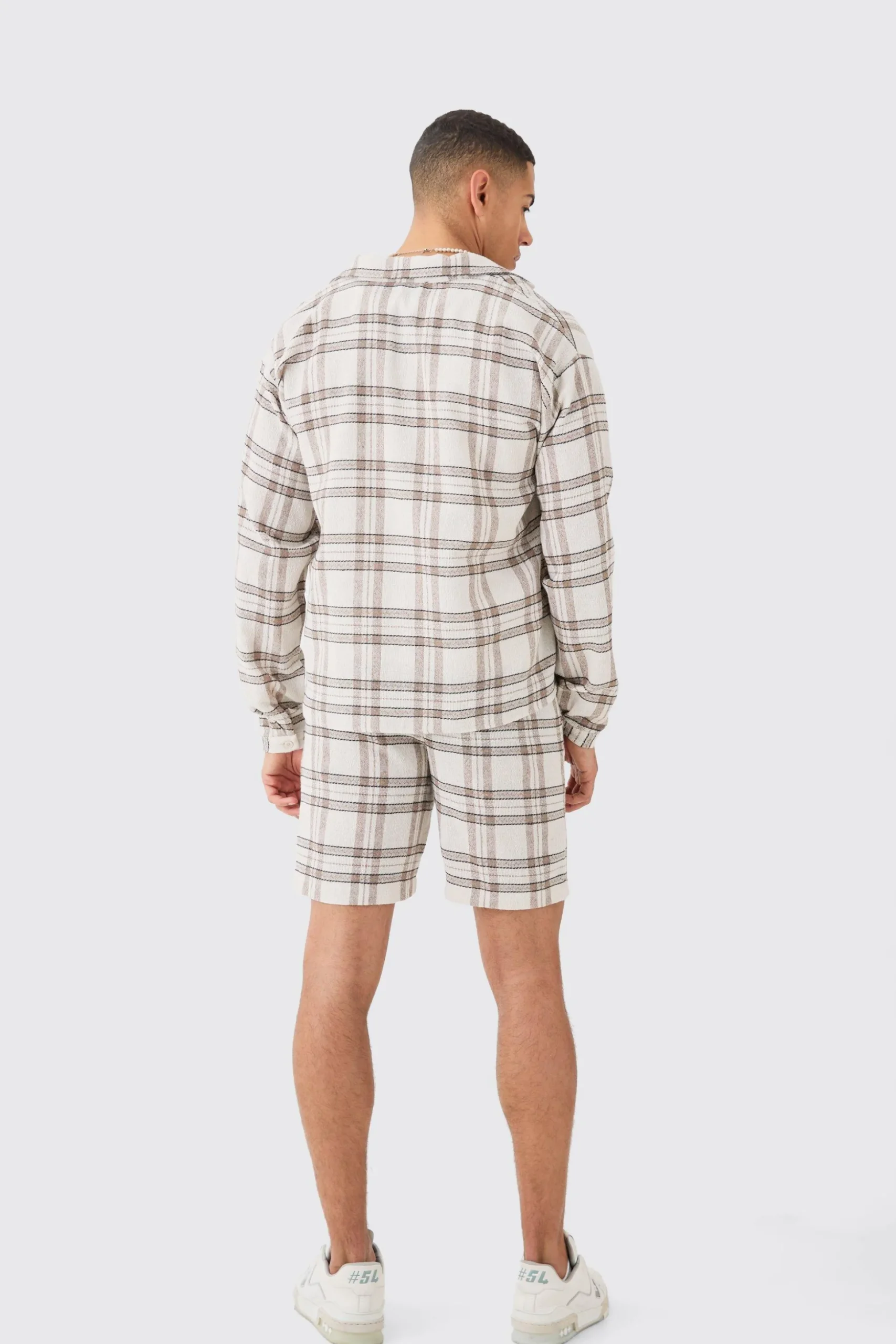 Long Sleeve Boxy Tonal Textured Shirt And Short | BoohooMAN UK