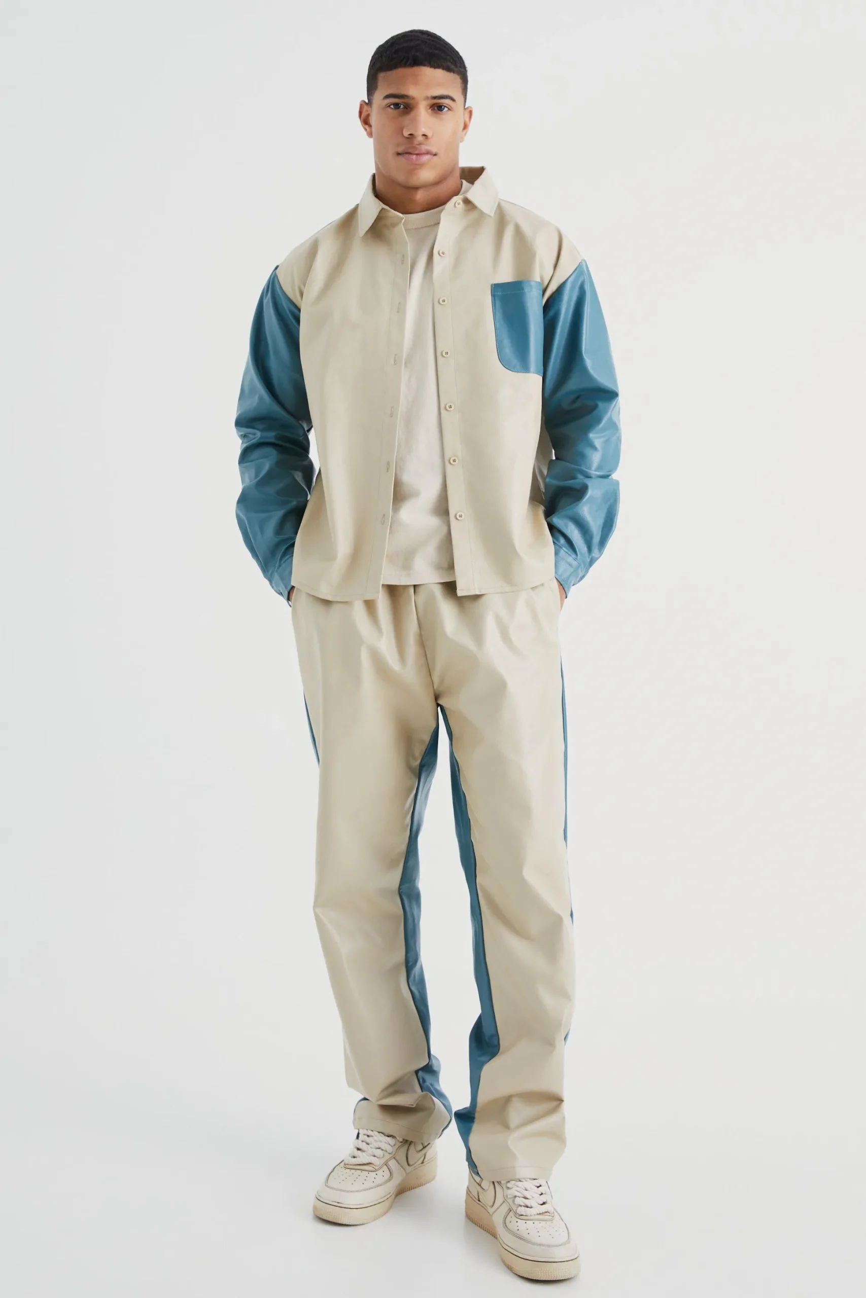 Long Sleeve Colourblock Overshirt And Gusset Trouser | BoohooMAN UK