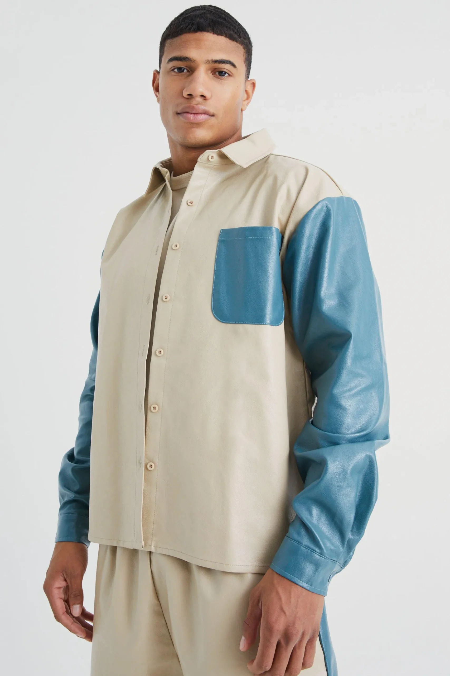 Long Sleeve Colourblock Overshirt And Gusset Trouser | BoohooMAN UK