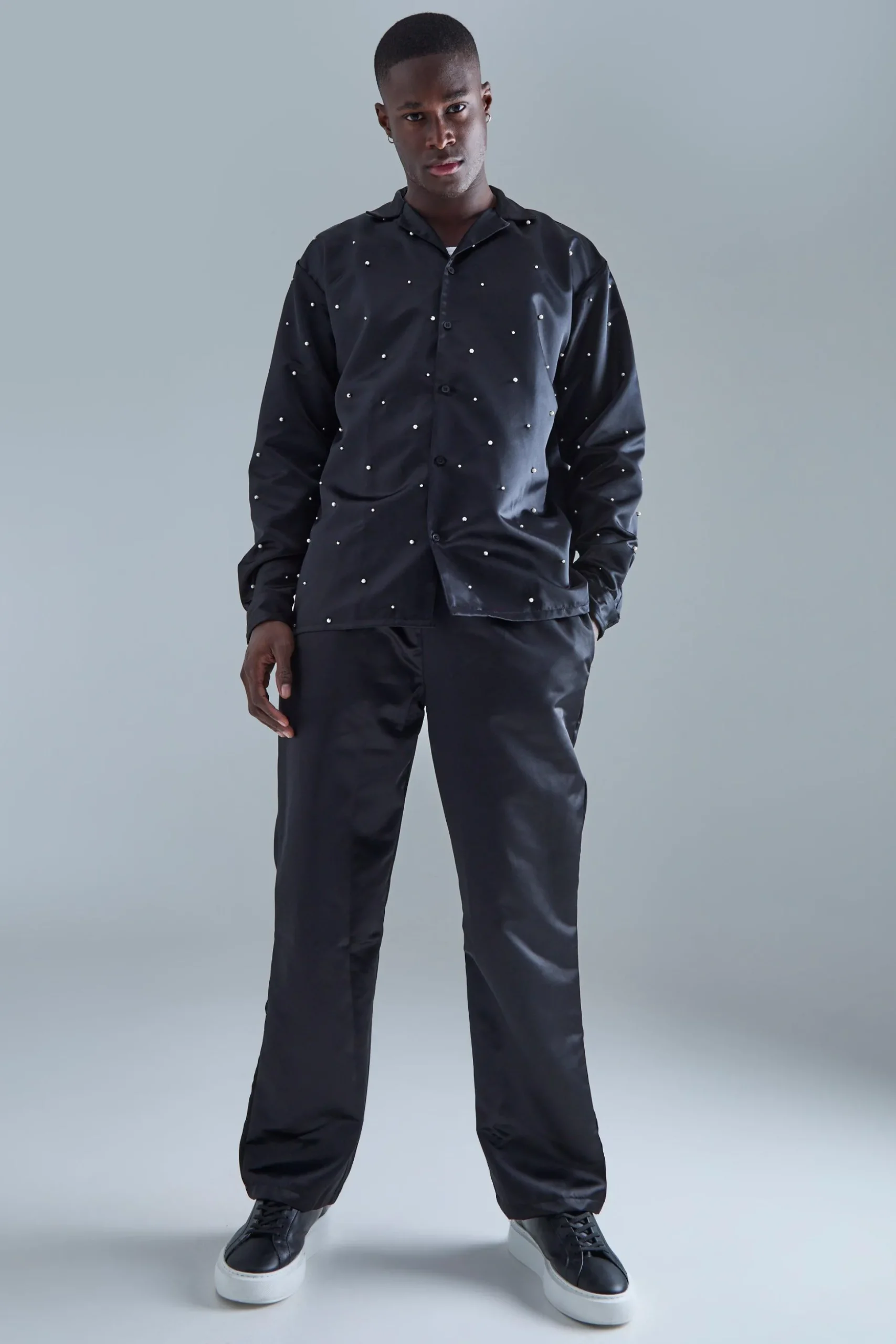 Long Sleeve Embellished Satin Shirt And Trouser Set | BoohooMAN UK