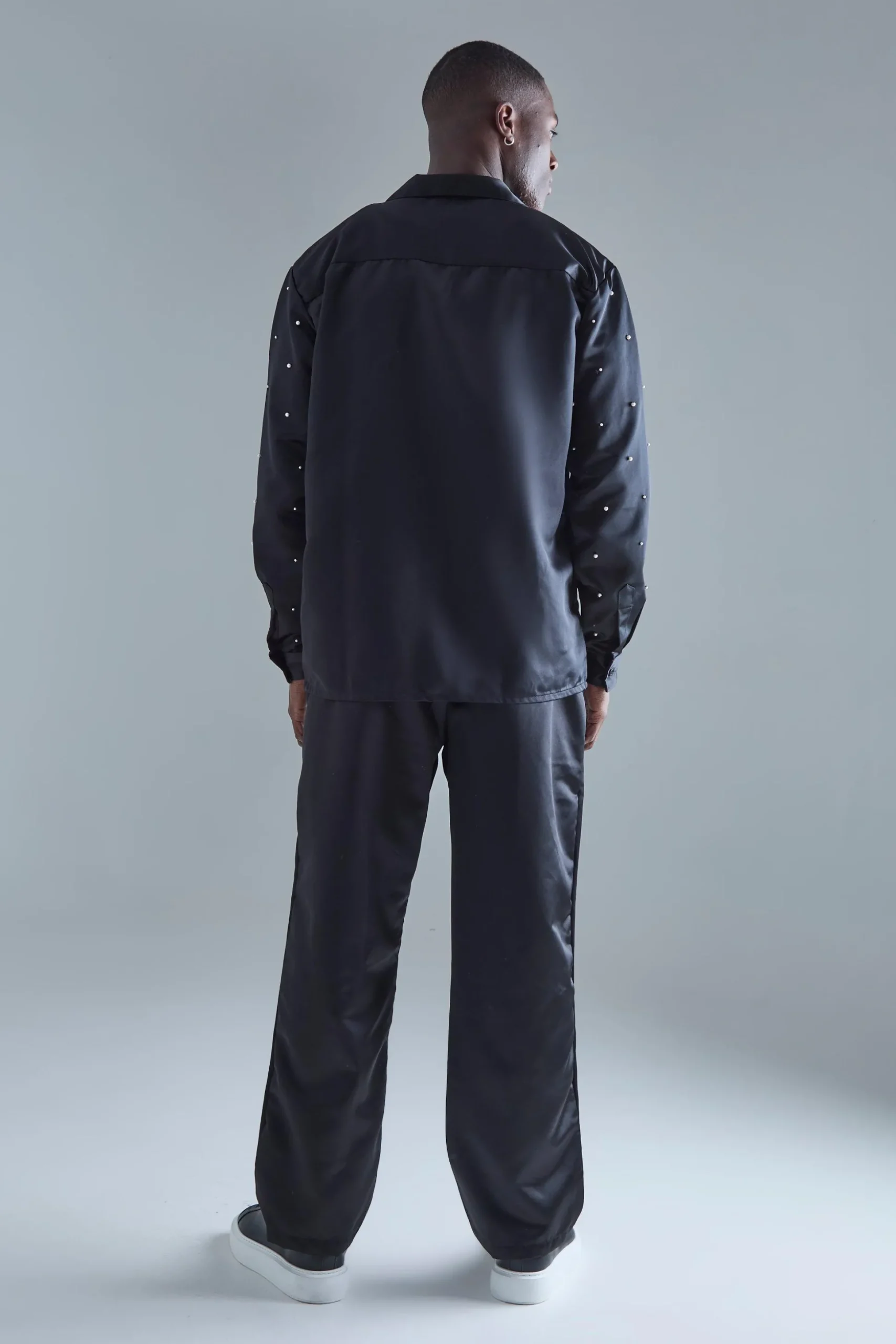 Long Sleeve Embellished Satin Shirt And Trouser Set | BoohooMAN UK