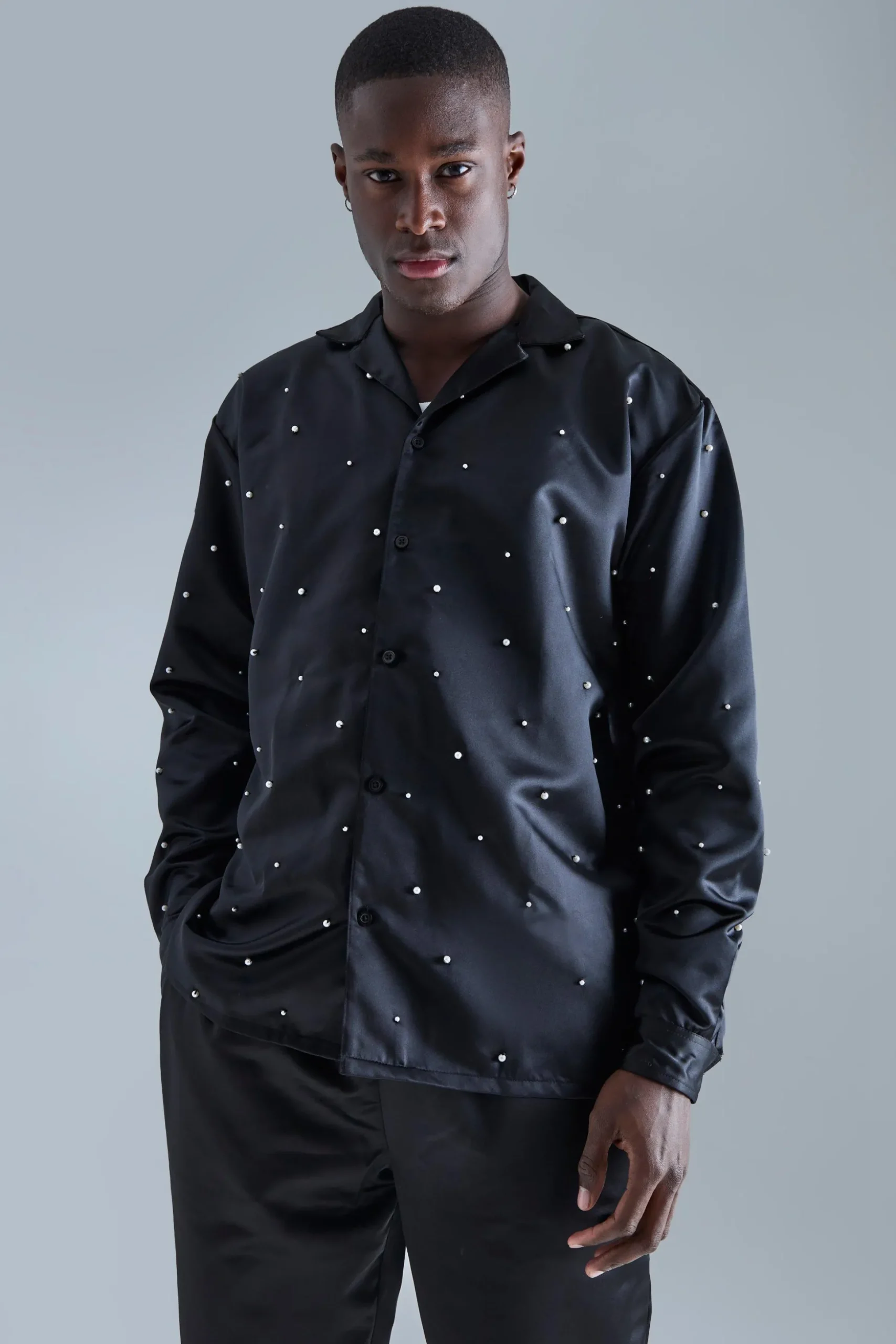 Long Sleeve Embellished Satin Shirt And Trouser Set | BoohooMAN UK