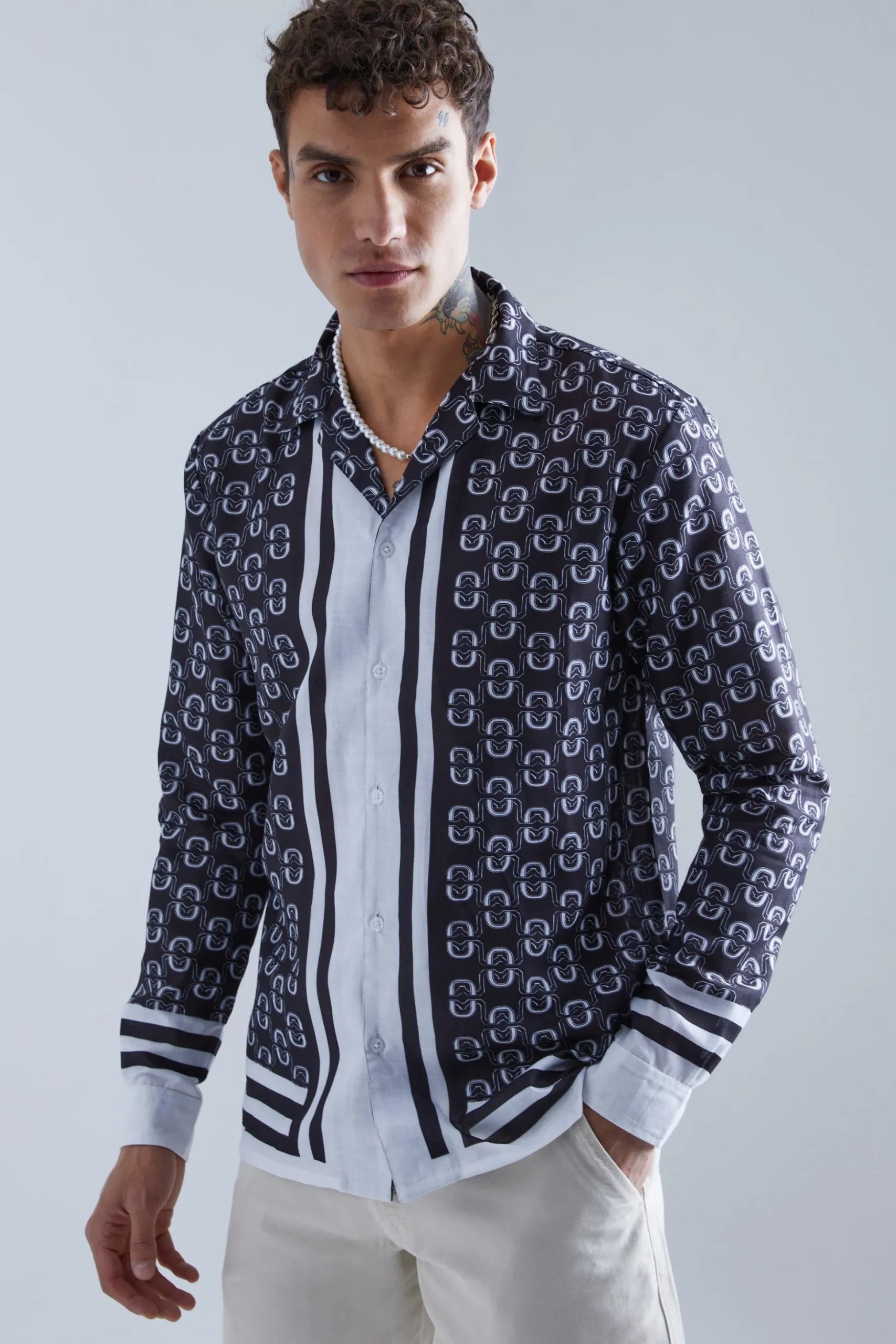Long Sleeve Geo Border Shirt | BoohooMAN UK
