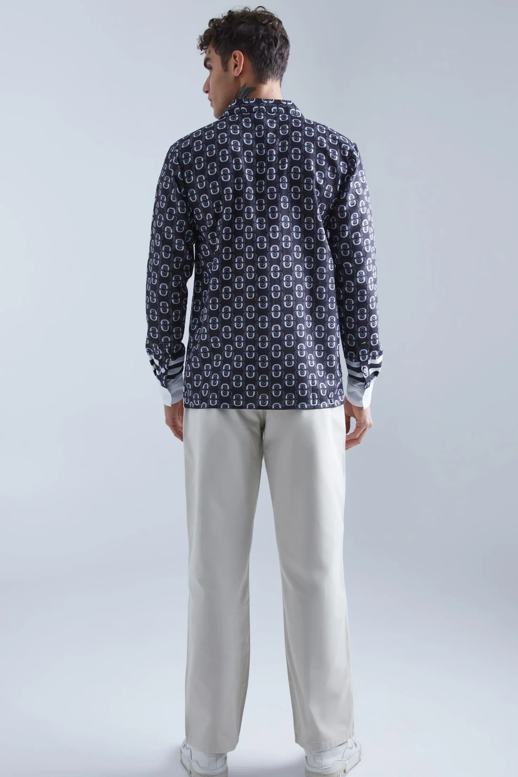 Long Sleeve Geo Border Shirt | BoohooMAN UK