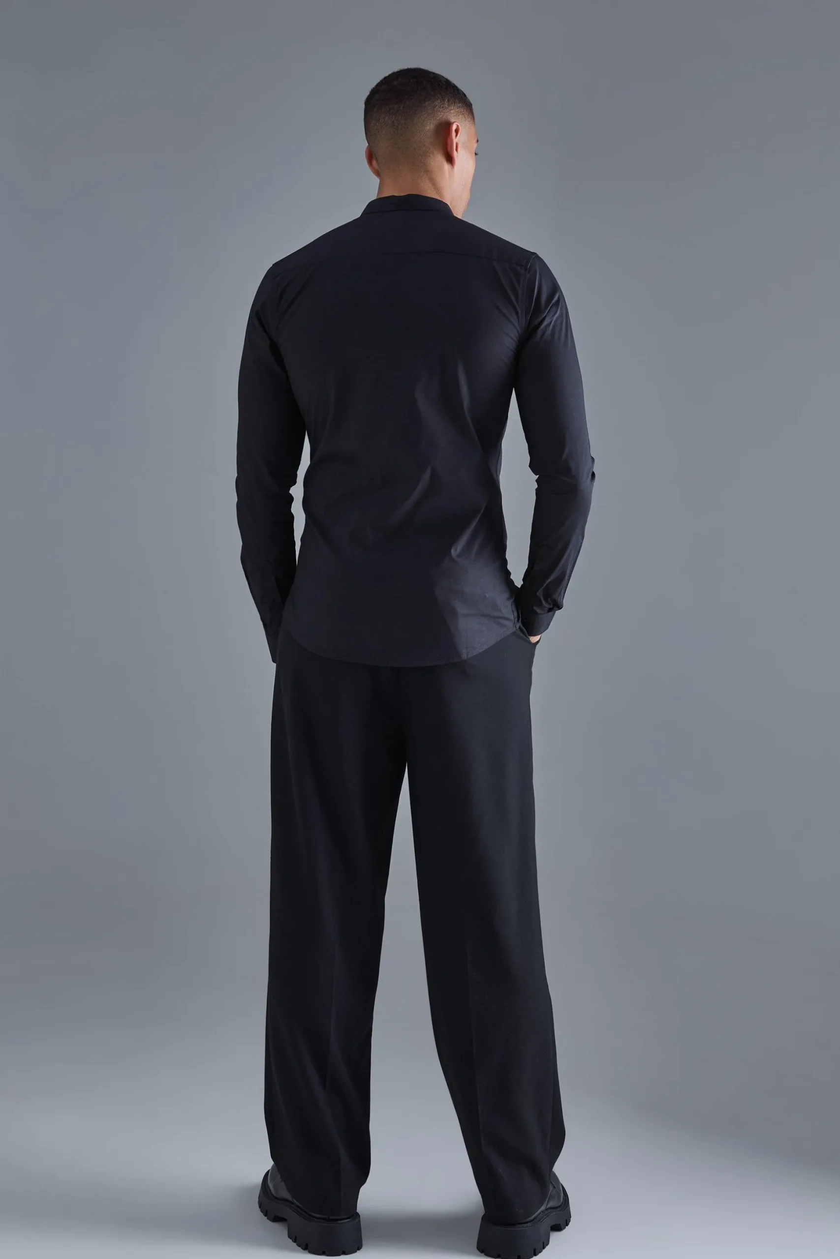 Long Sleeve Grandad Collar Stretch Shirt | BoohooMAN UK